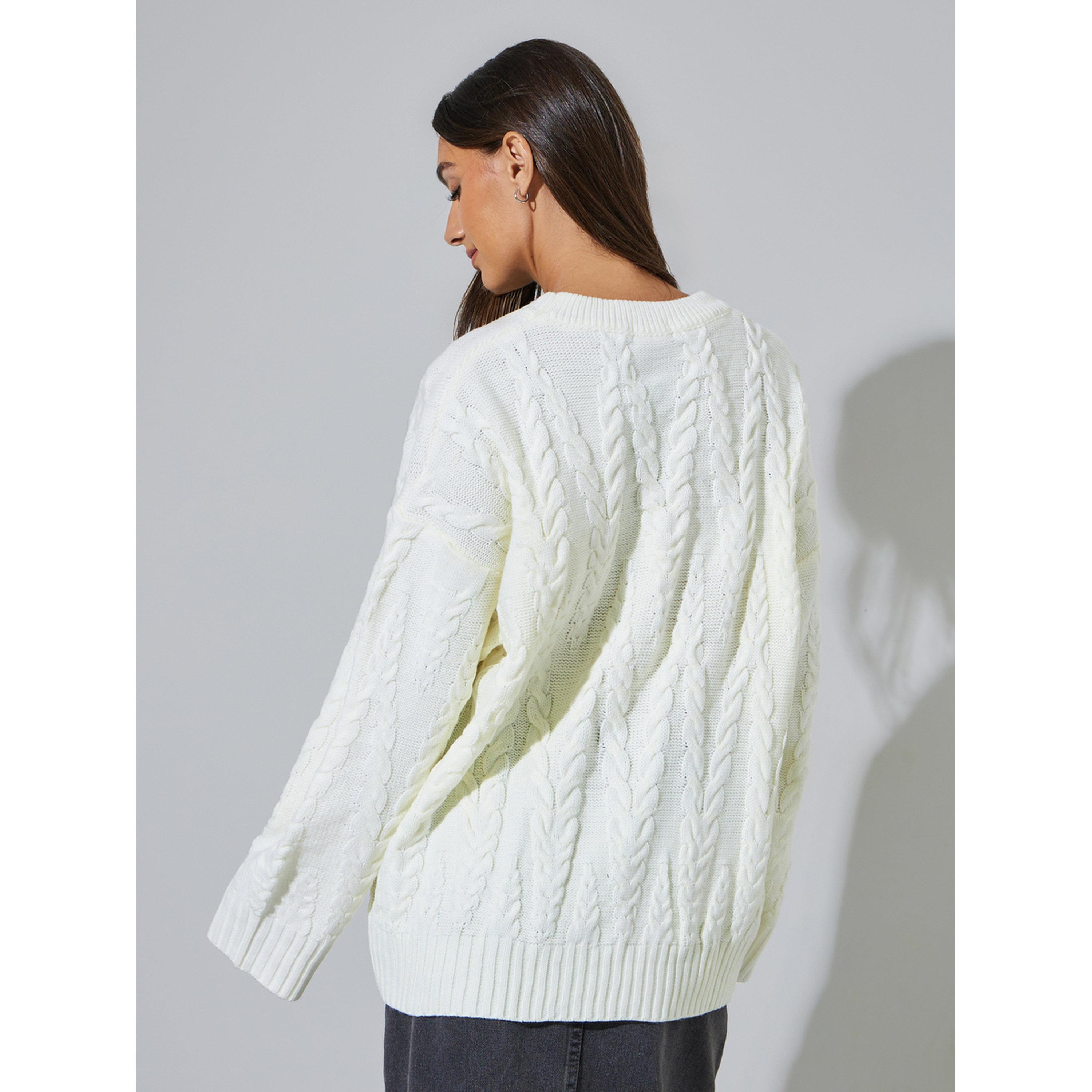 كنزة واسعة طويلة بتجديل كابل باللون السكري-women-winterwear-cardigansandjumpers-jumpers-image-4