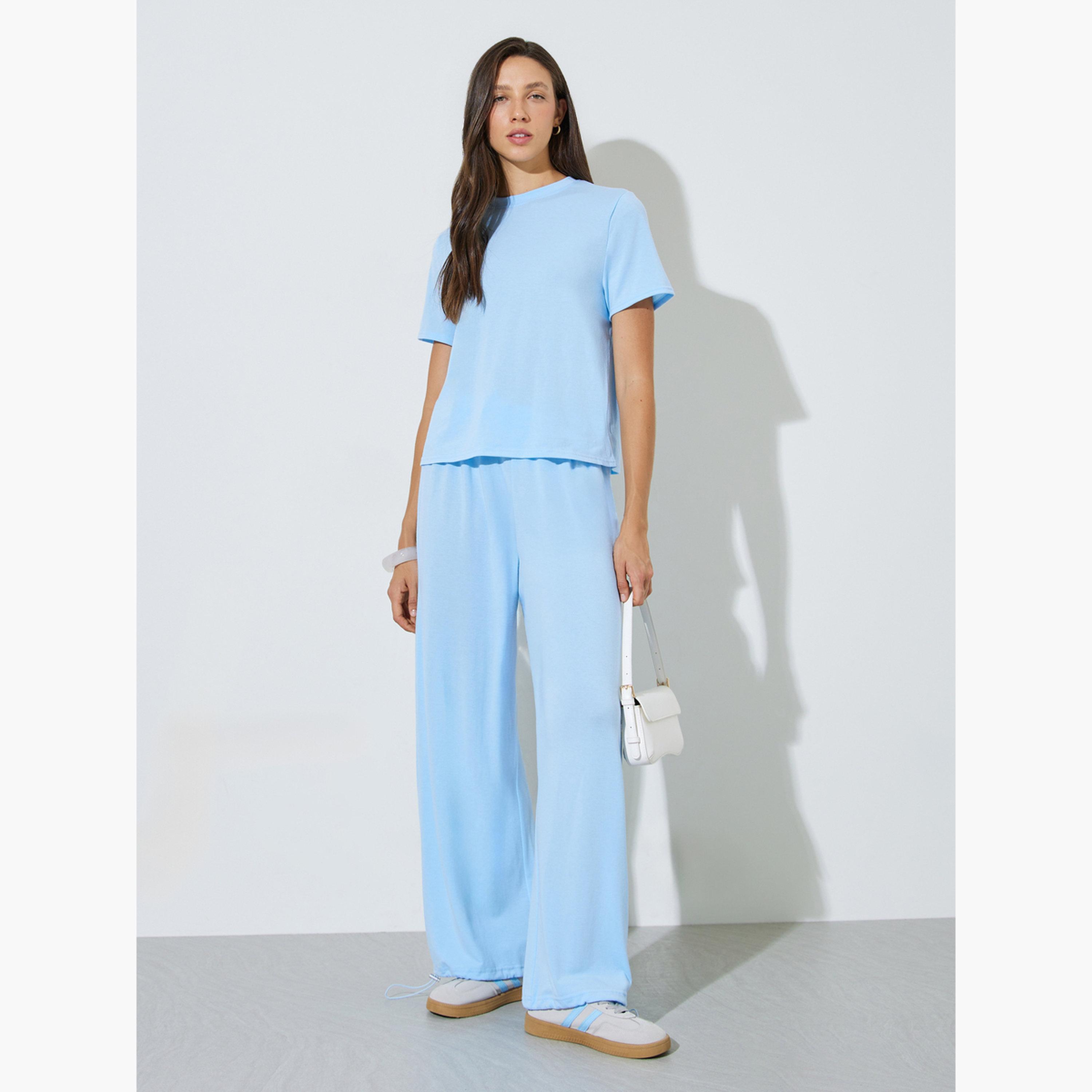Styli Blue Solid Oversize Top and Wide Leg Joggers Set-women-clothing-coordsets-image-1
