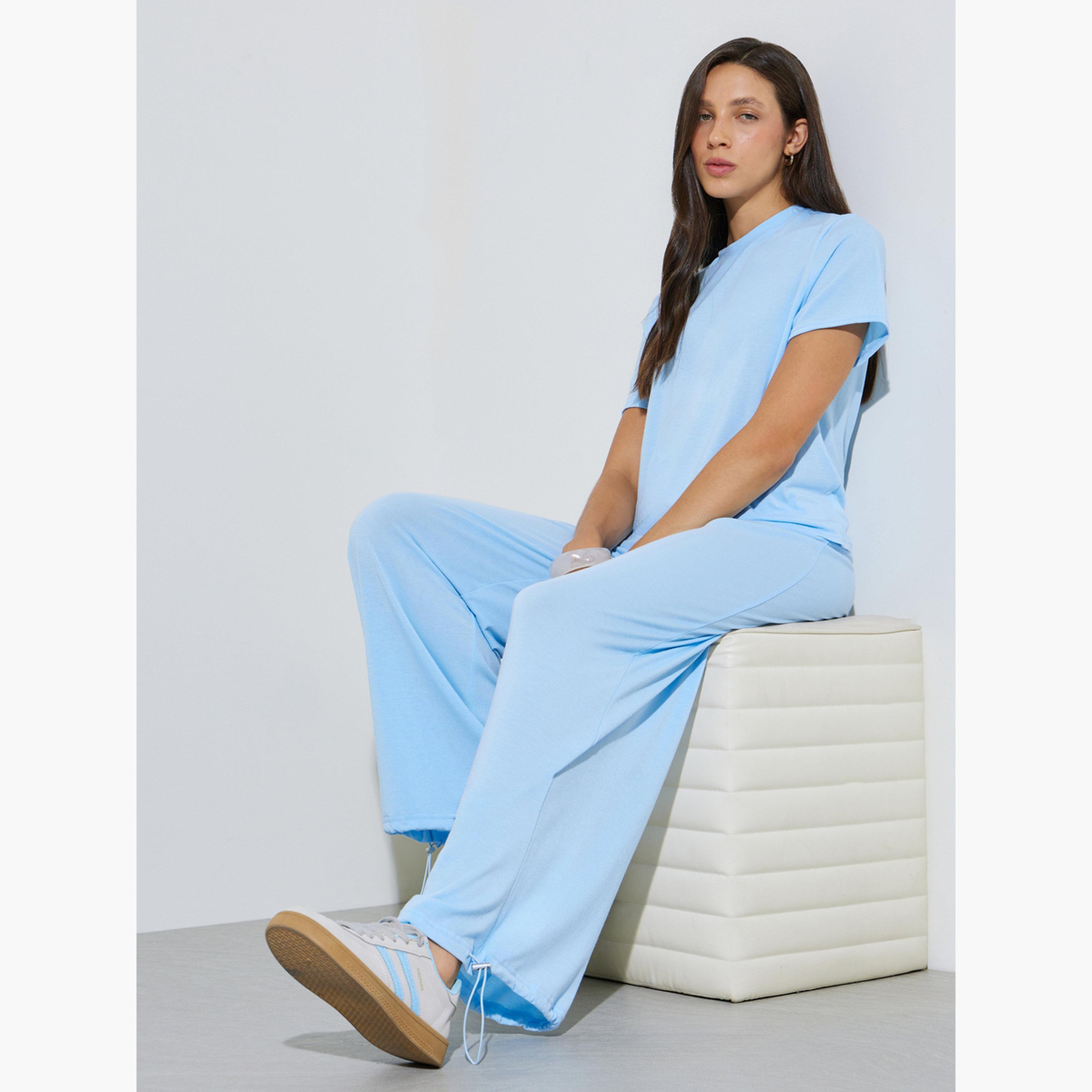 Styli Blue Solid Oversize Top and Wide Leg Joggers Set-women-clothing-coordsets-image-2