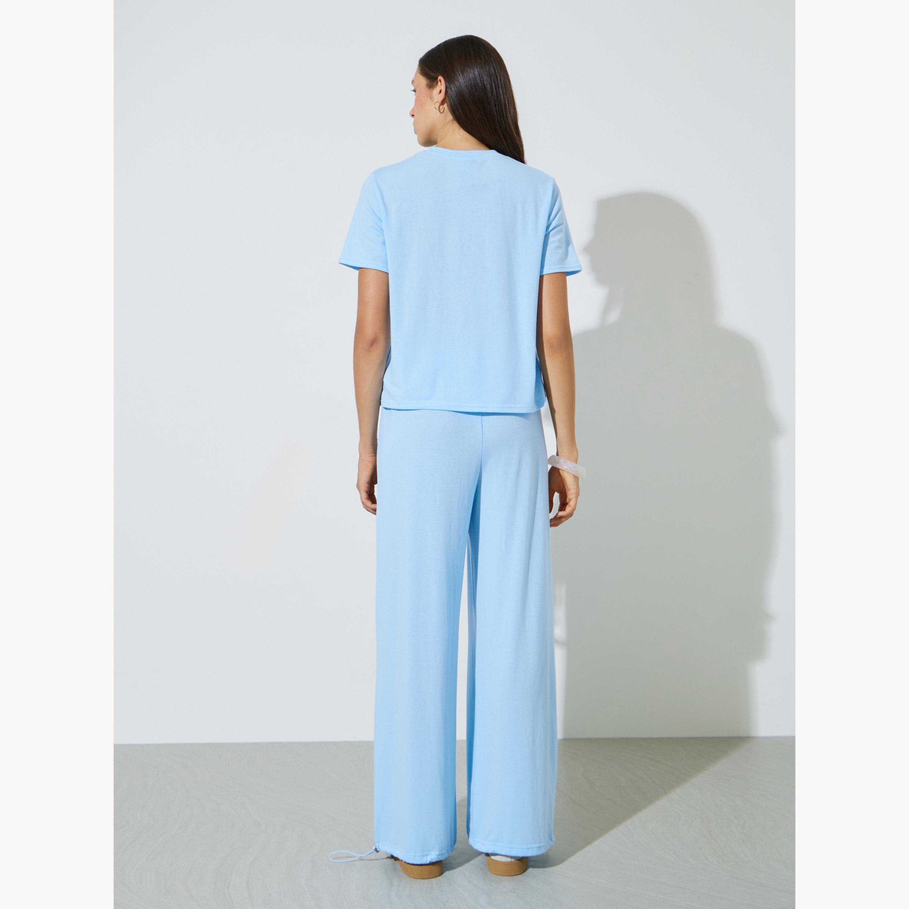 Styli Blue Solid Oversize Top and Wide Leg Joggers Set-women-clothing-coordsets-image-3