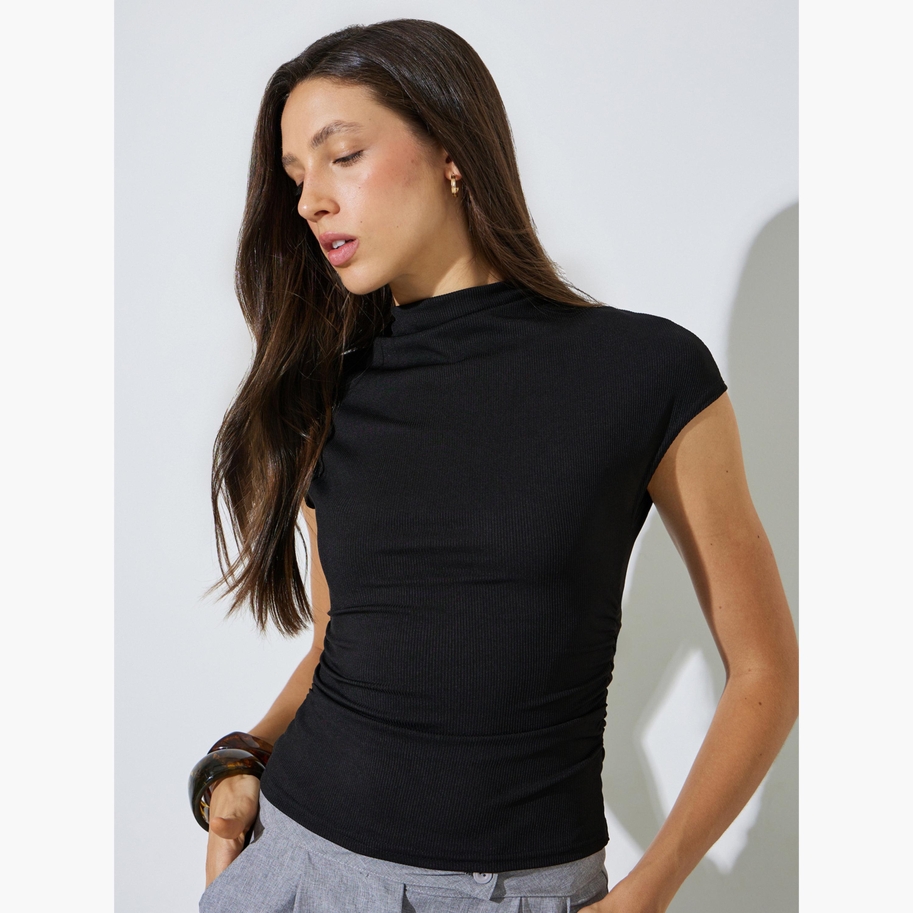 Styli Black Ribbed T-Shirt with Cinched Waist-women-clothing-tshirts-image-1