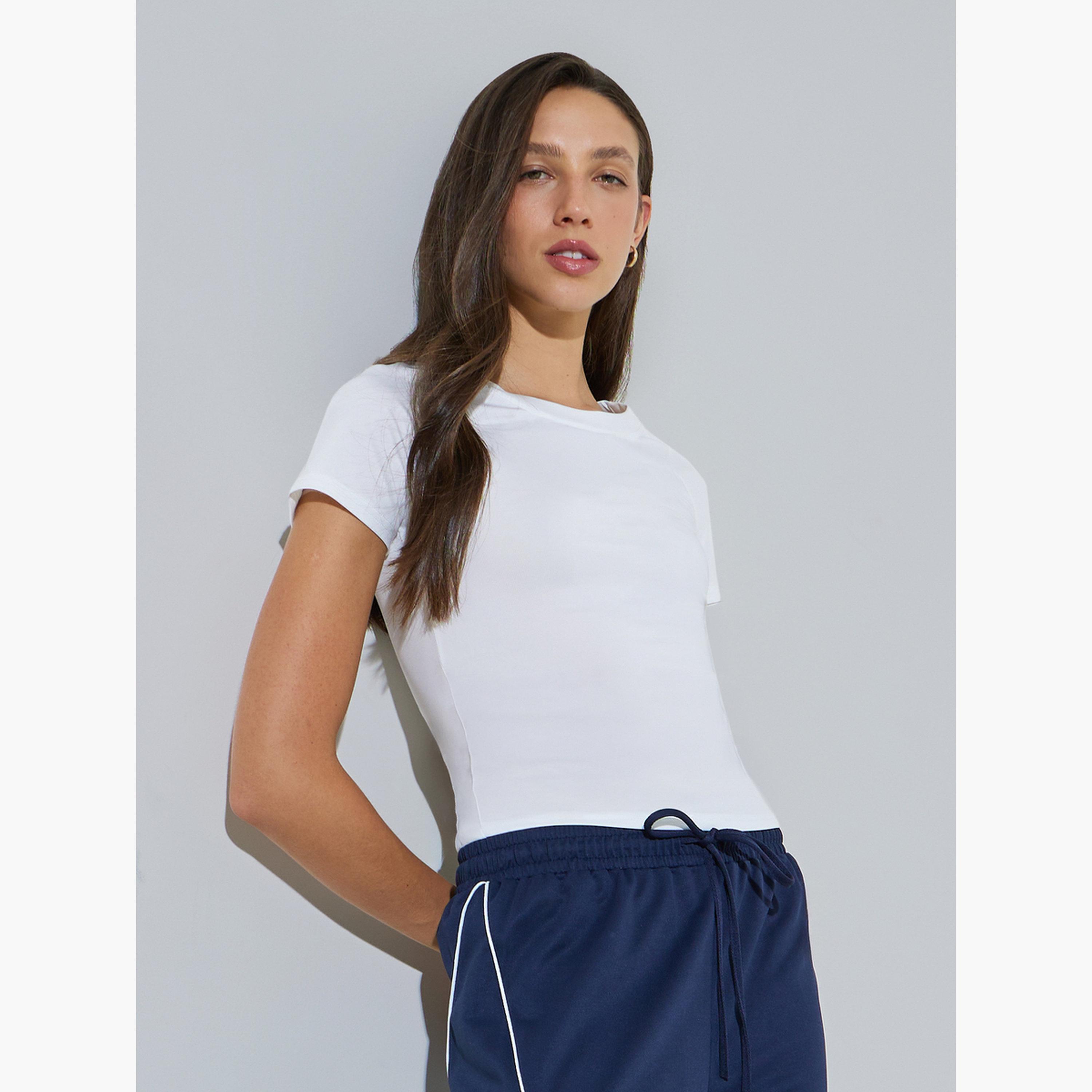 Styli White Raglan Sleeve Fitted T-Shirt-women-clothing-tshirts-image-1