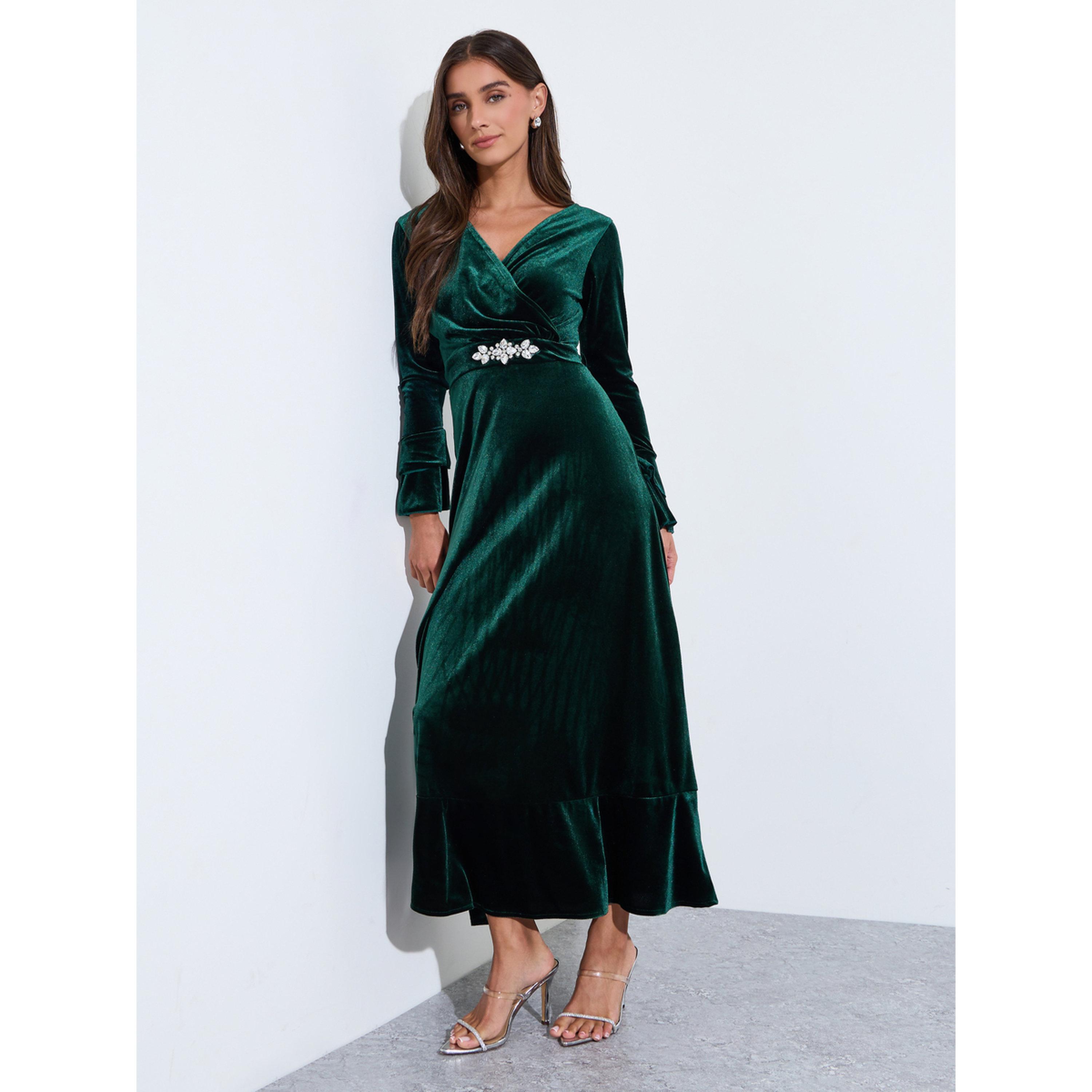 فستان طويل بحافة واسعة مخملي مزين بالراينستون على الخصر بلون أخضر-women-clothing-dresses-image-3