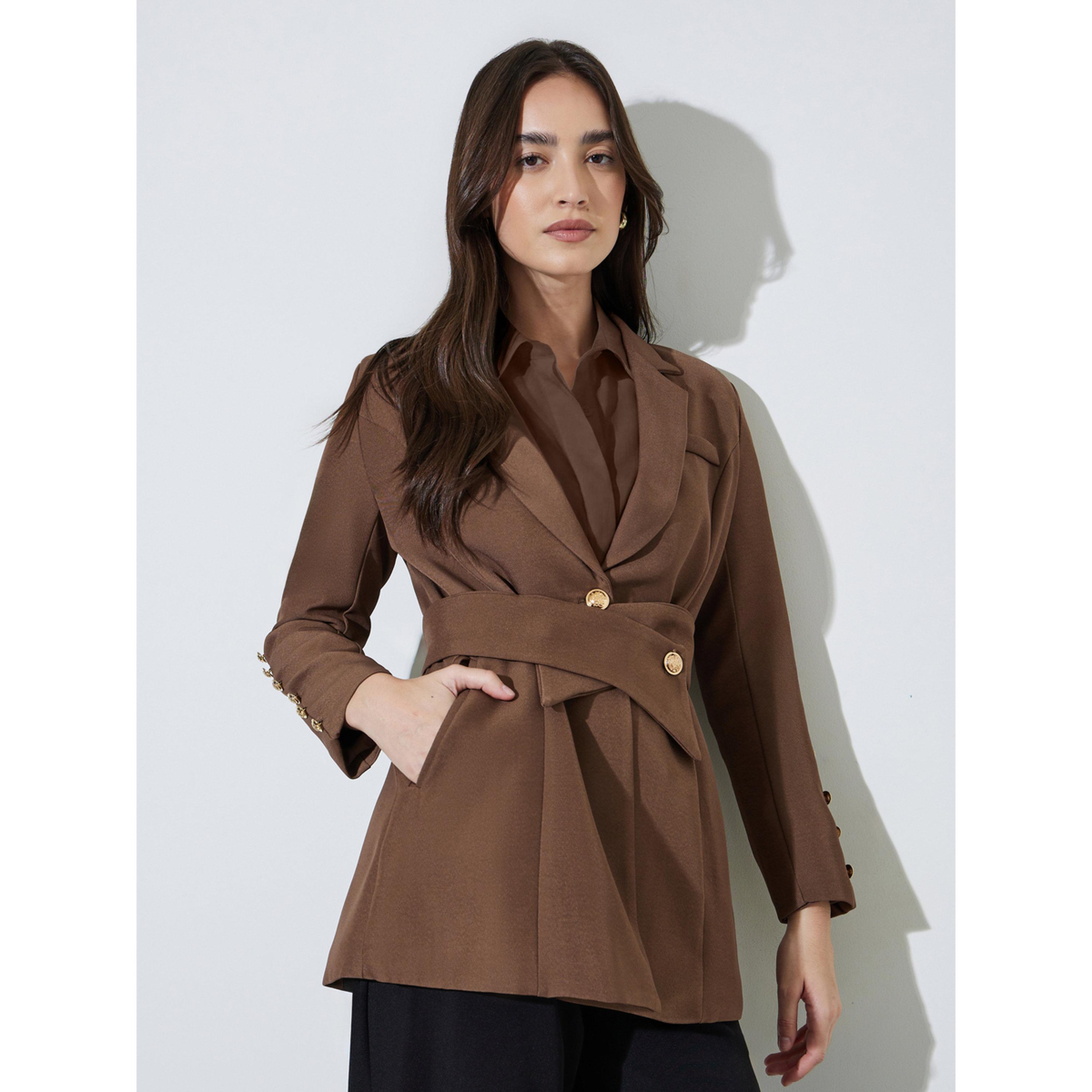 Styli Brown Solid Button Detail Slim Fit Blazer-women-clothing-coatsandjackets-blazers-image-1