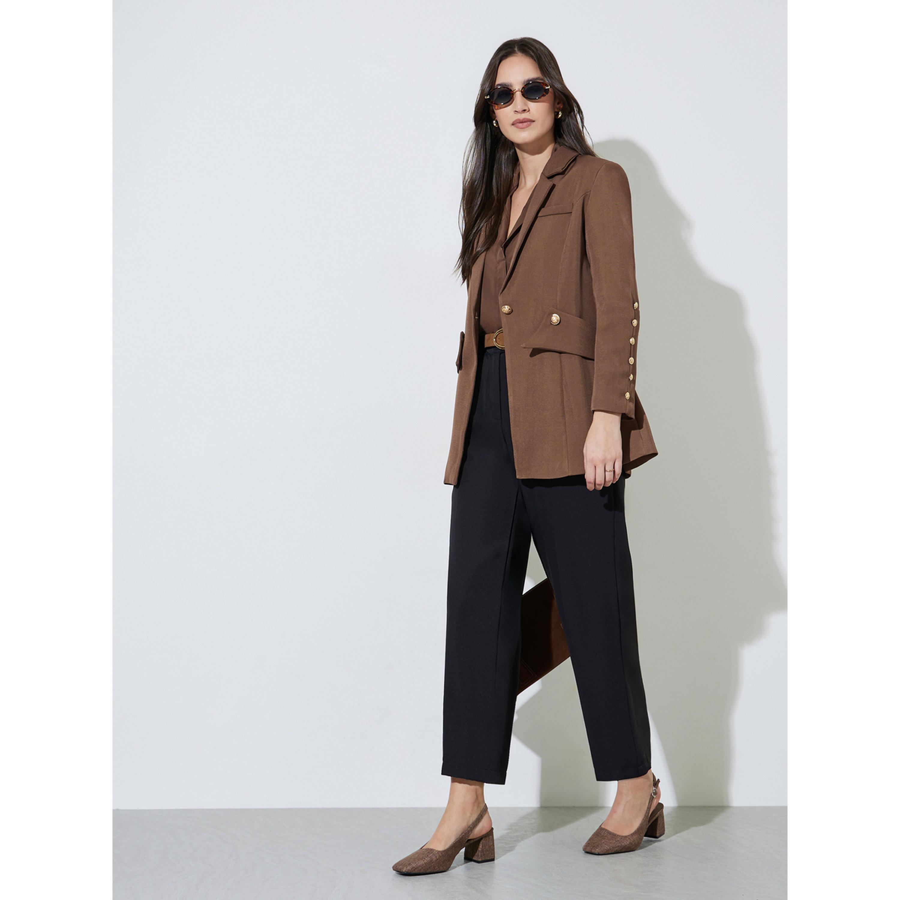 Styli Brown Solid Button Detail Slim Fit Blazer-women-clothing-coatsandjackets-blazers-image-2