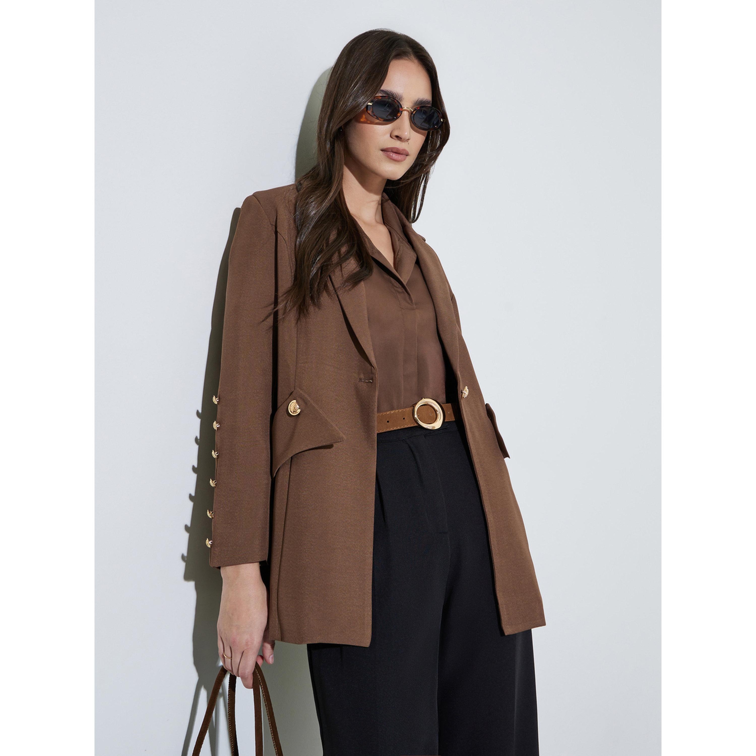 Styli Brown Solid Button Detail Slim Fit Blazer-women-clothing-coatsandjackets-blazers-image-3