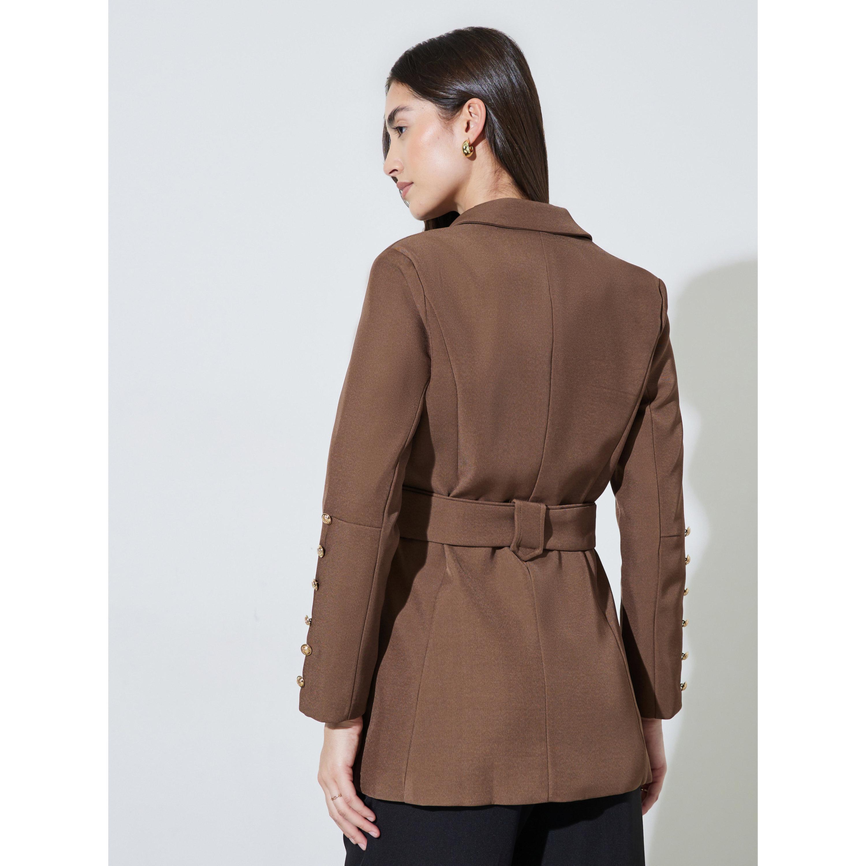Styli Brown Solid Button Detail Slim Fit Blazer-women-clothing-coatsandjackets-blazers-image-4