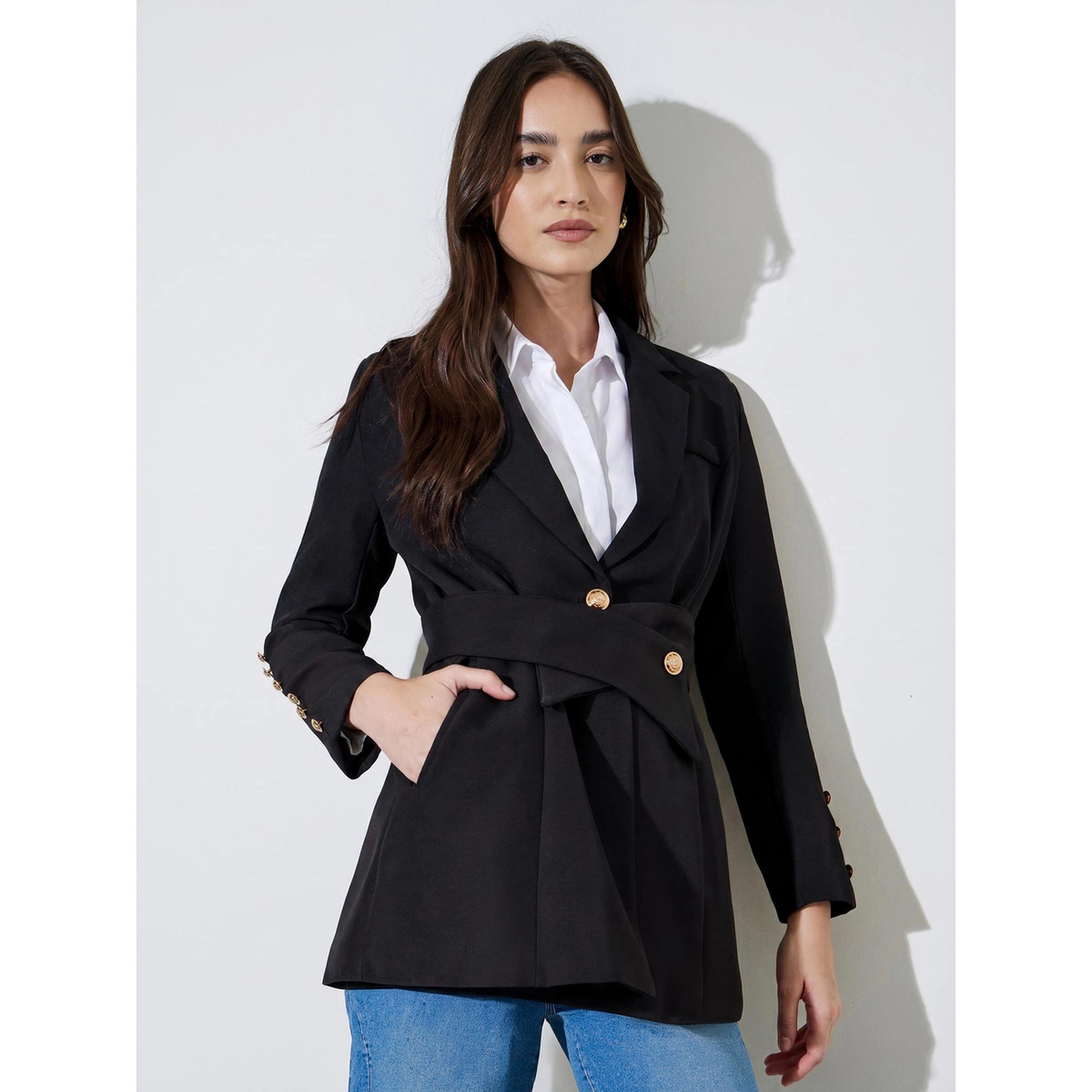 Styli Black Solid Button Detail Slim Fit Blazer-women-clothing-coatsandjackets-blazers-image-1