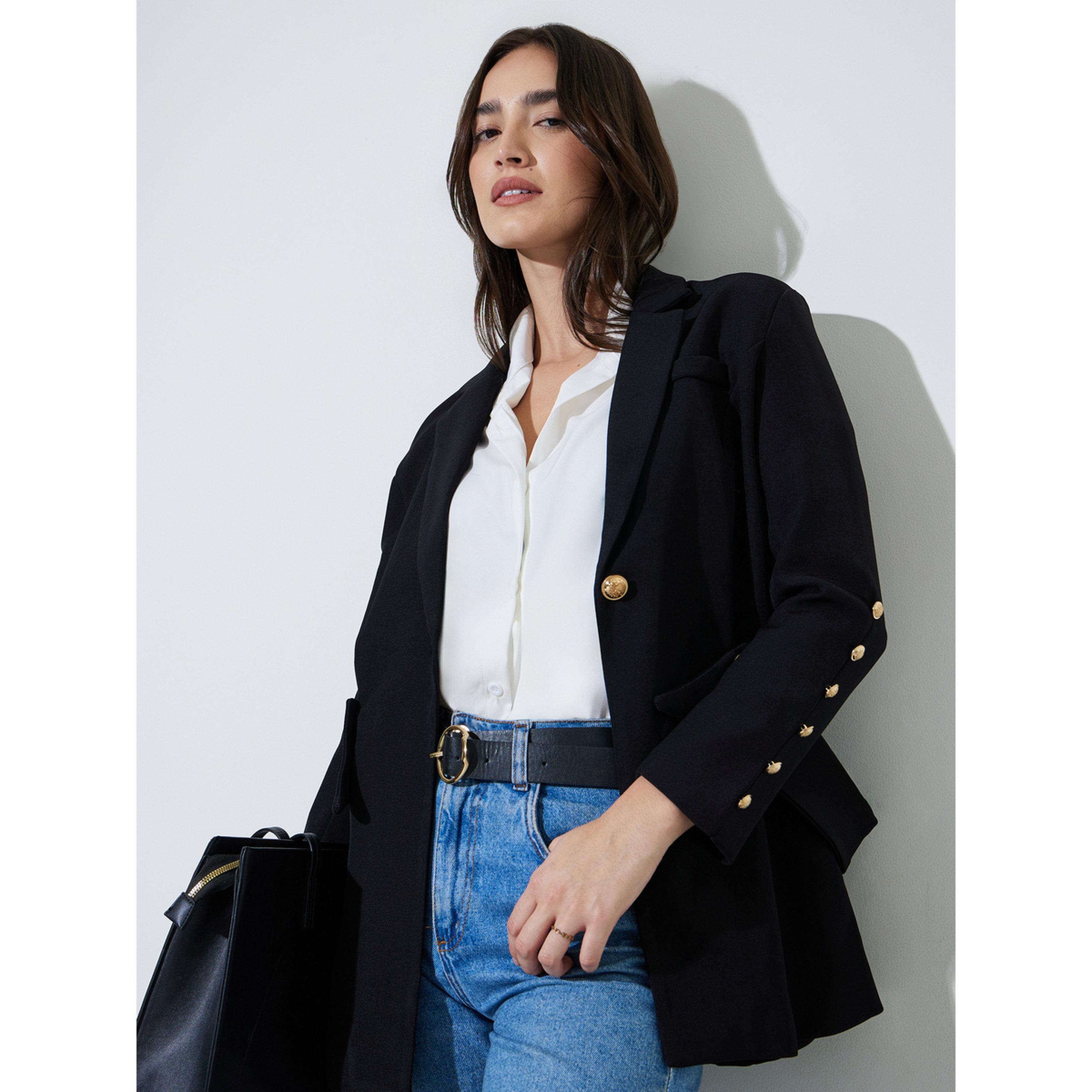 بليزر بتفاصيل أزرار وقصة ضيقة بلون سادة-women-clothing-coatsandjackets-blazers-image-4