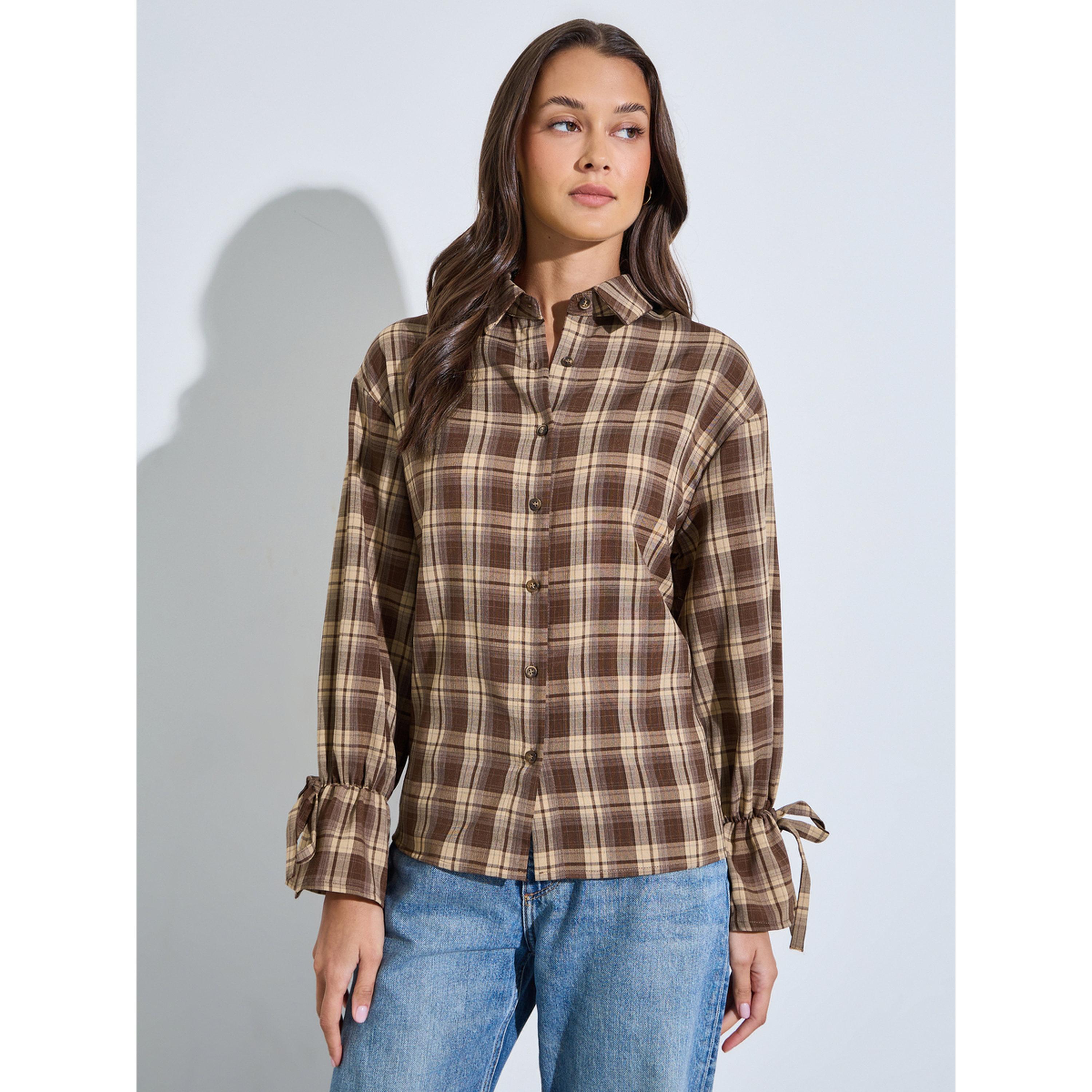 Styli Brown Checked Tie-Up Cuffed Sleeves Shirt-women-clothing-shirtsandblouses-shirts-image-1