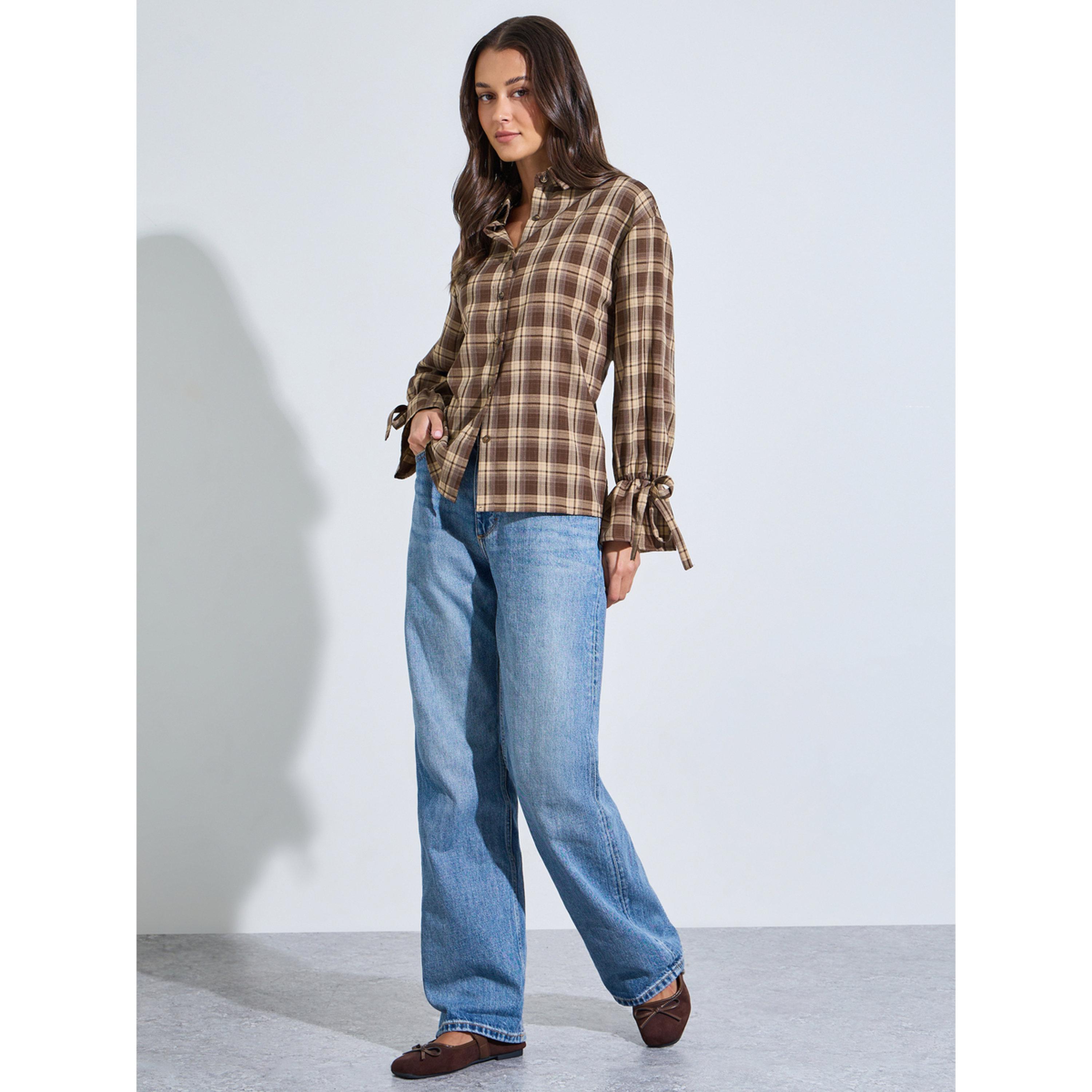 Styli Brown Checked Tie-Up Cuffed Sleeves Shirt-women-clothing-shirtsandblouses-shirts-image-2