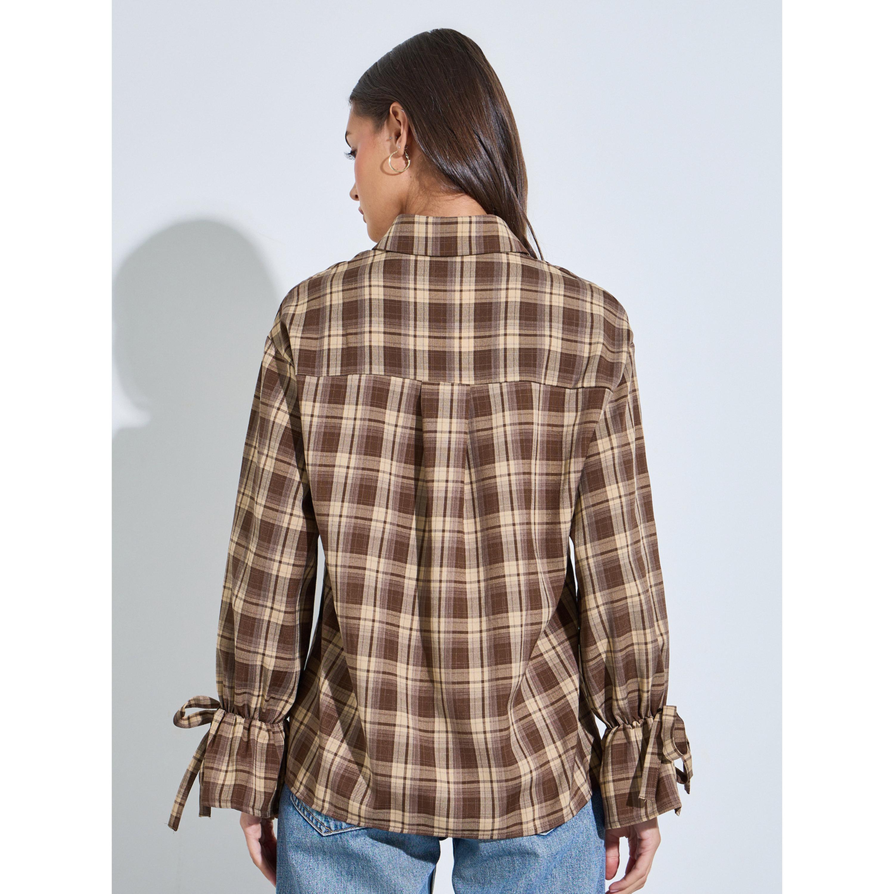 Styli Brown Checked Tie-Up Cuffed Sleeves Shirt-women-clothing-shirtsandblouses-shirts-image-4