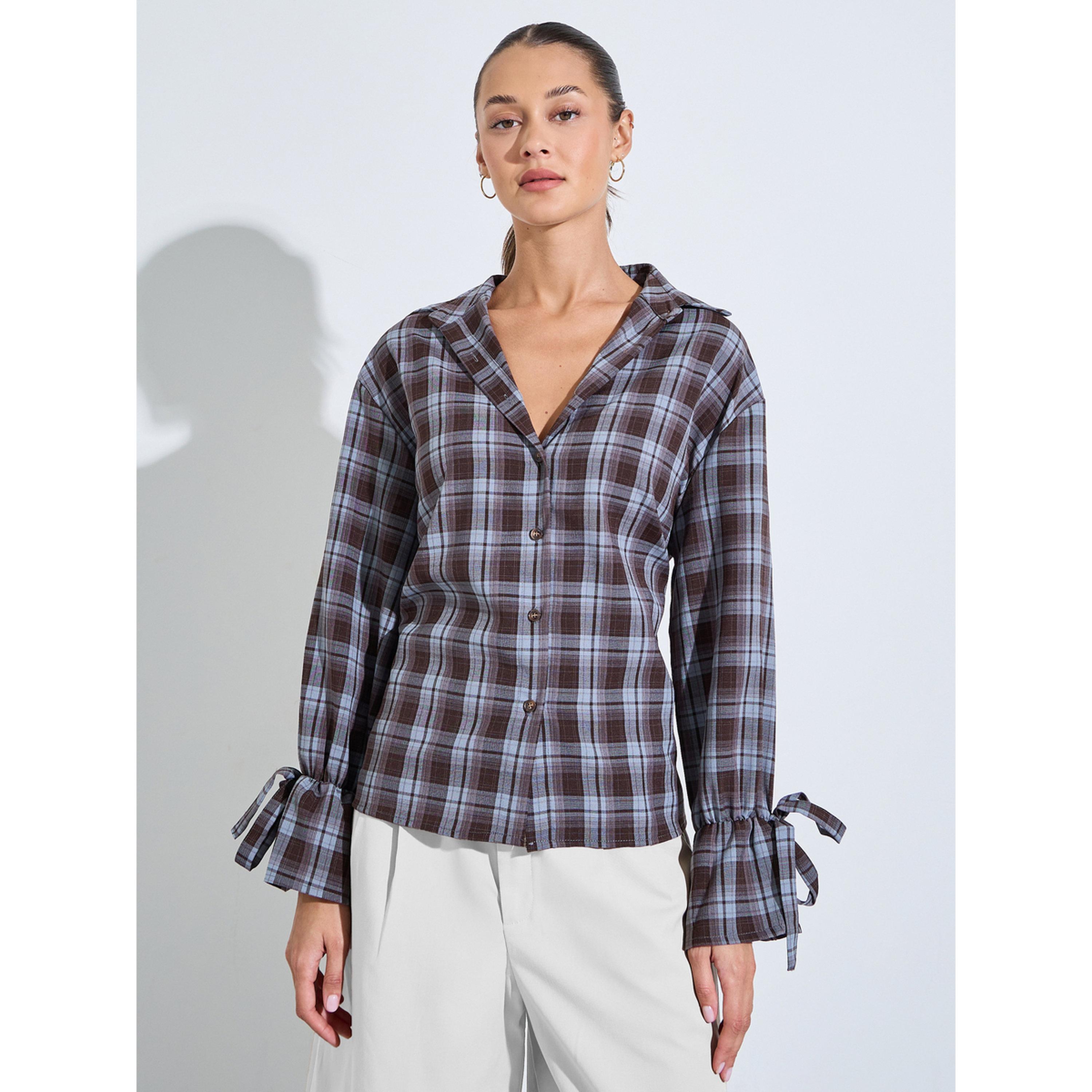 Styli Burgundy Checked Tie-Up Cuffed Sleeves Shirt-women-clothing-shirtsandblouses-shirts-image-1