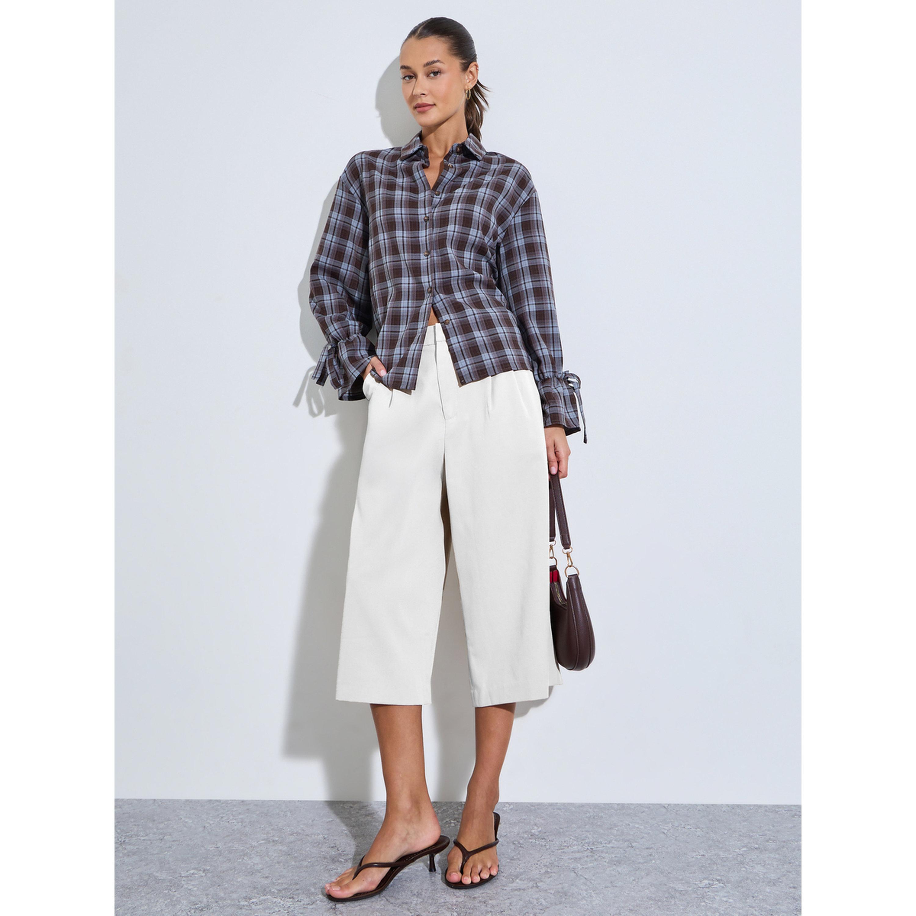Styli Burgundy Checked Tie-Up Cuffed Sleeves Shirt-women-clothing-shirtsandblouses-shirts-image-2