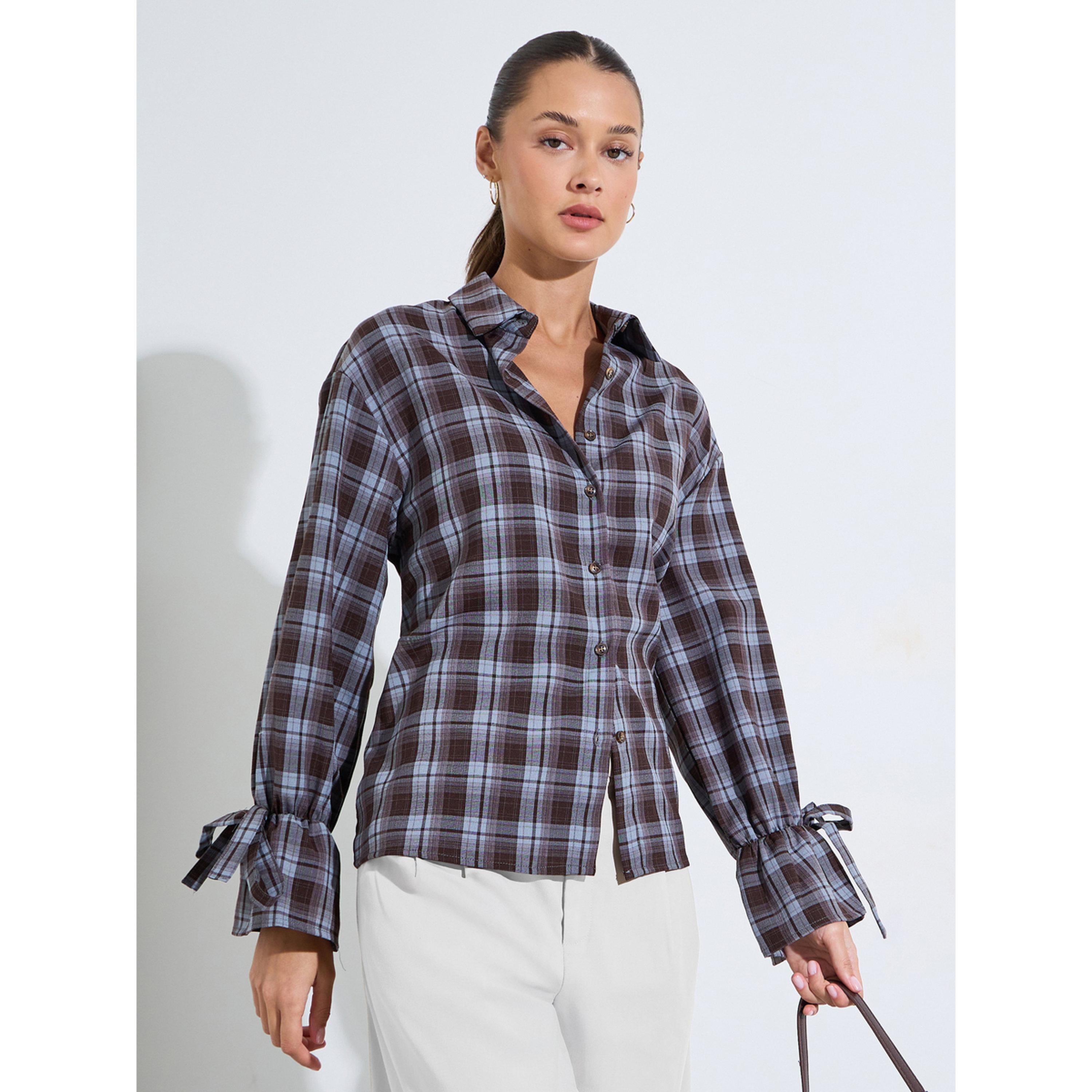 Styli Burgundy Checked Tie-Up Cuffed Sleeves Shirt-women-clothing-shirtsandblouses-shirts-image-3