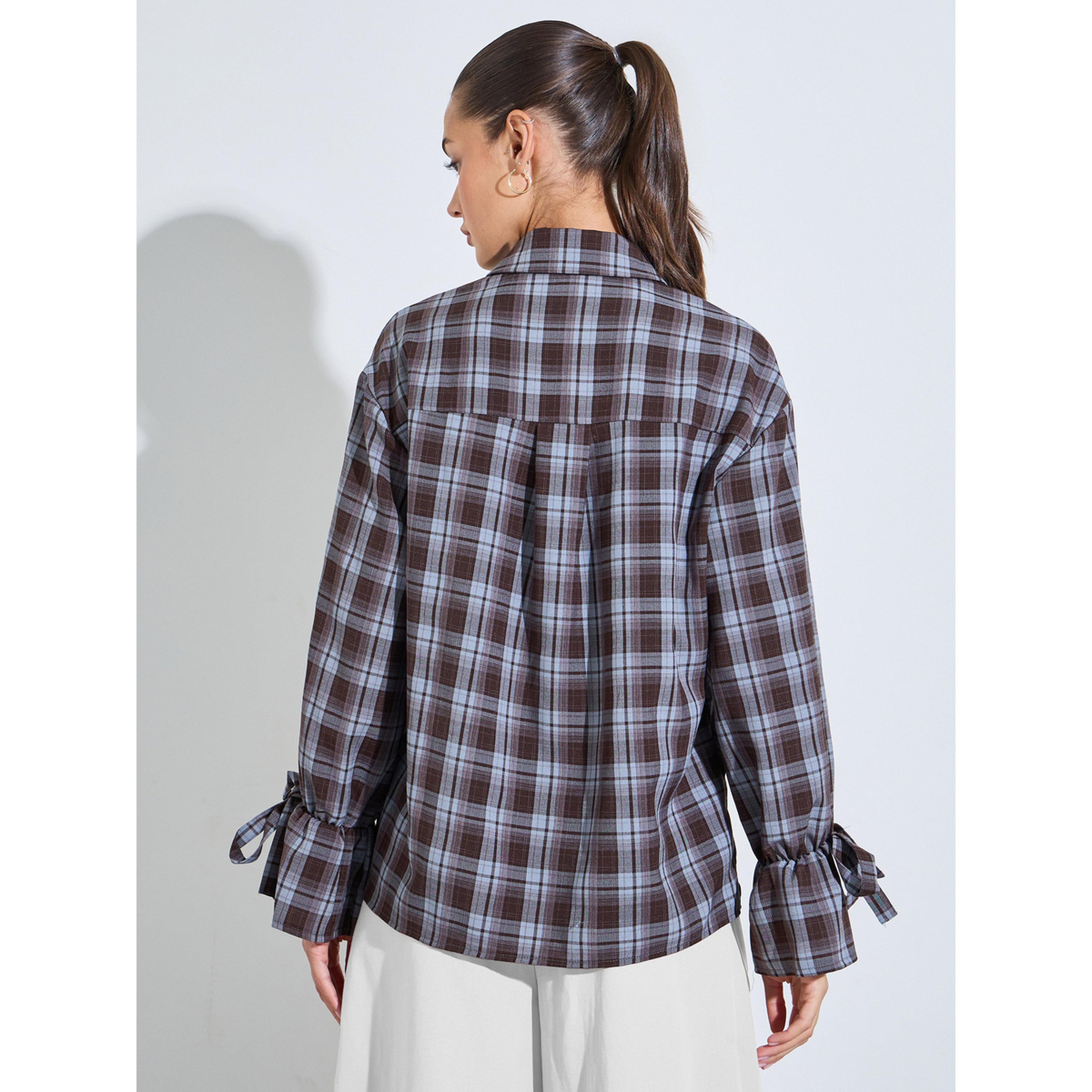 Styli Burgundy Checked Tie-Up Cuffed Sleeves Shirt-women-clothing-shirtsandblouses-shirts-image-4