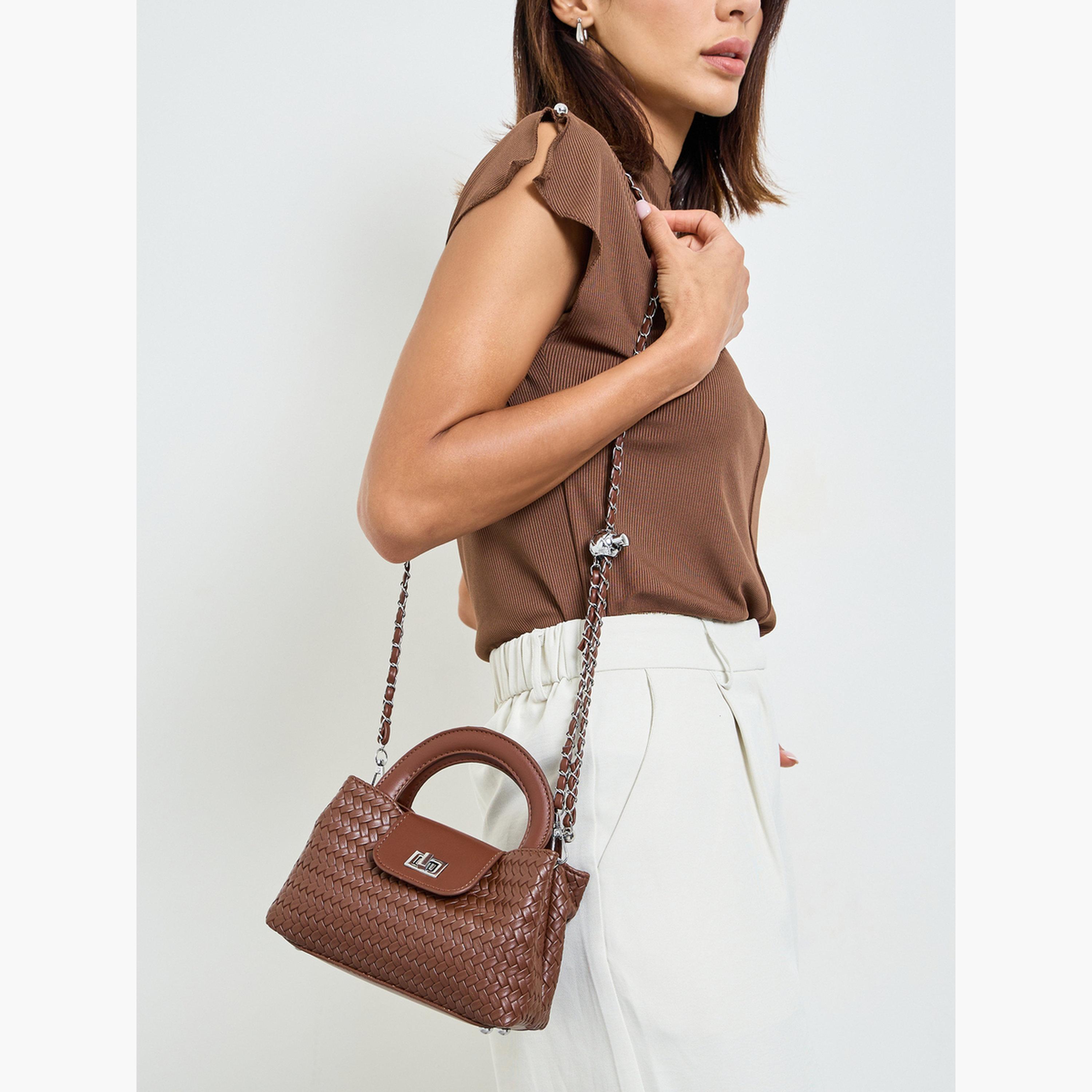 حقيبة يد صغيرة منسوجة مع حزام سلسلة لون بني-women-bagsandwallets-handbags-image-2