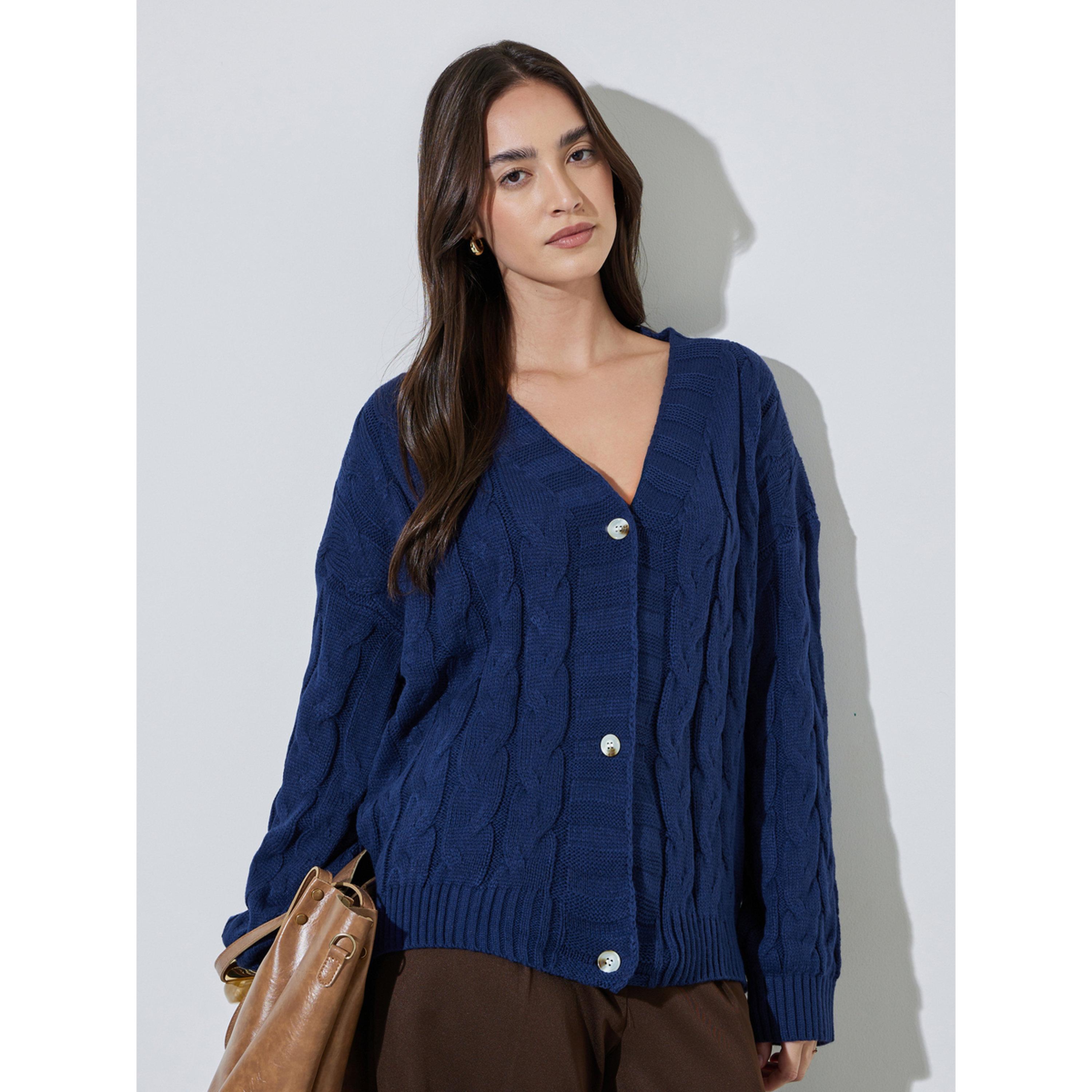 كارديجان محبوك كابل جيليه بلون سادة-women-winterwear-cardigansandjumpers-cardigans-image-1