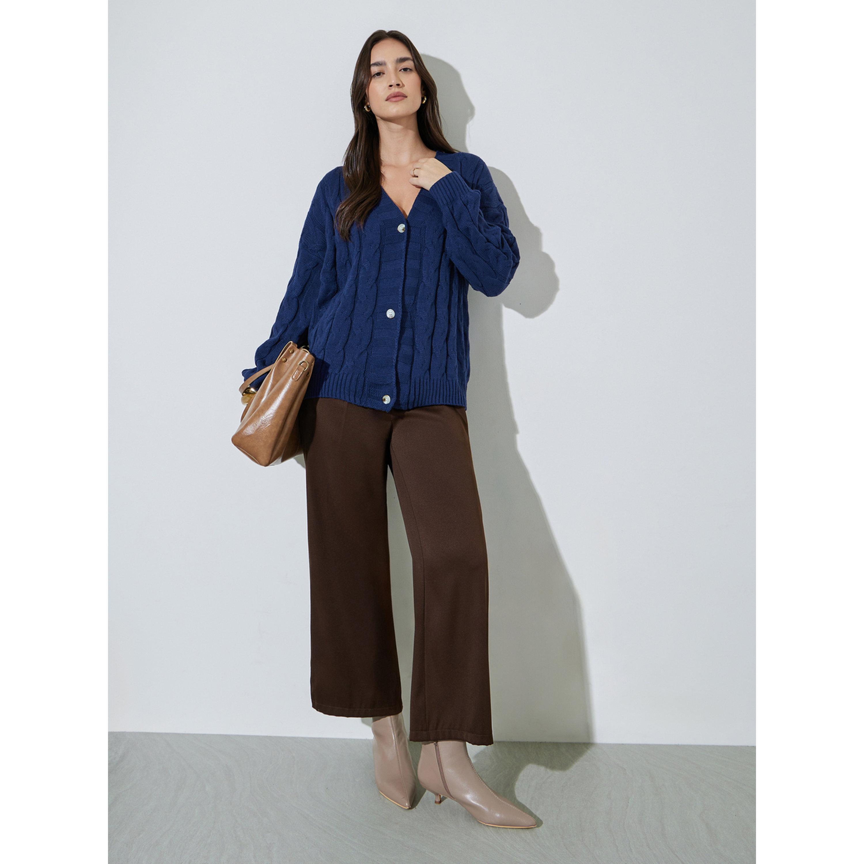 كارديجان محبوك كابل جيليه بلون سادة-women-winterwear-cardigansandjumpers-cardigans-image-2