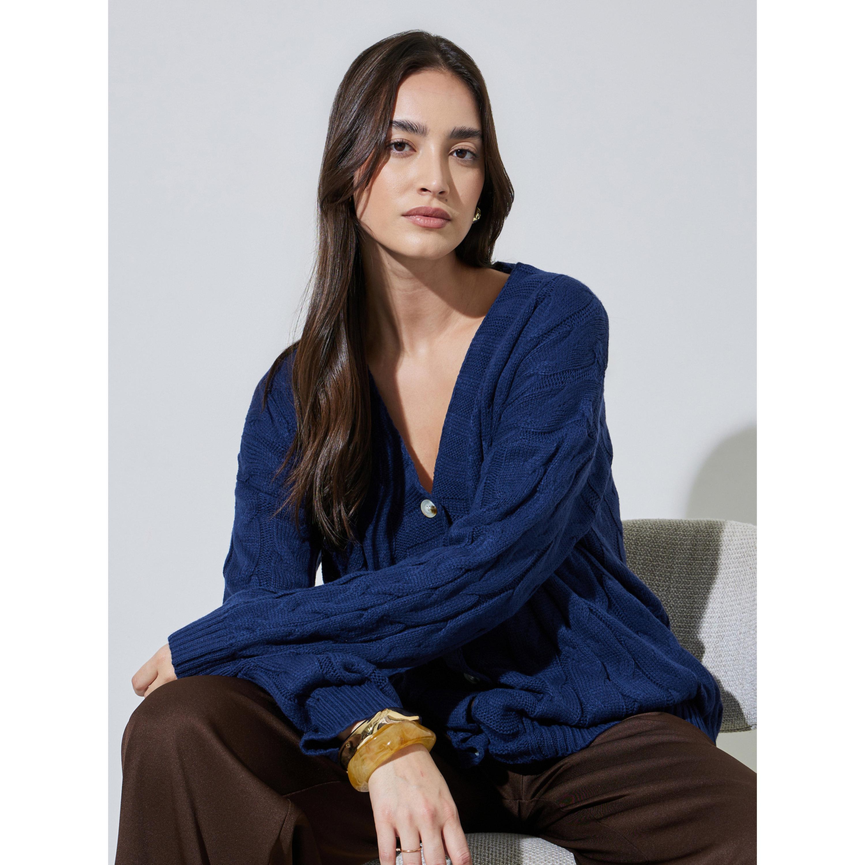 كارديجان محبوك كابل جيليه بلون سادة-women-winterwear-cardigansandjumpers-cardigans-image-4