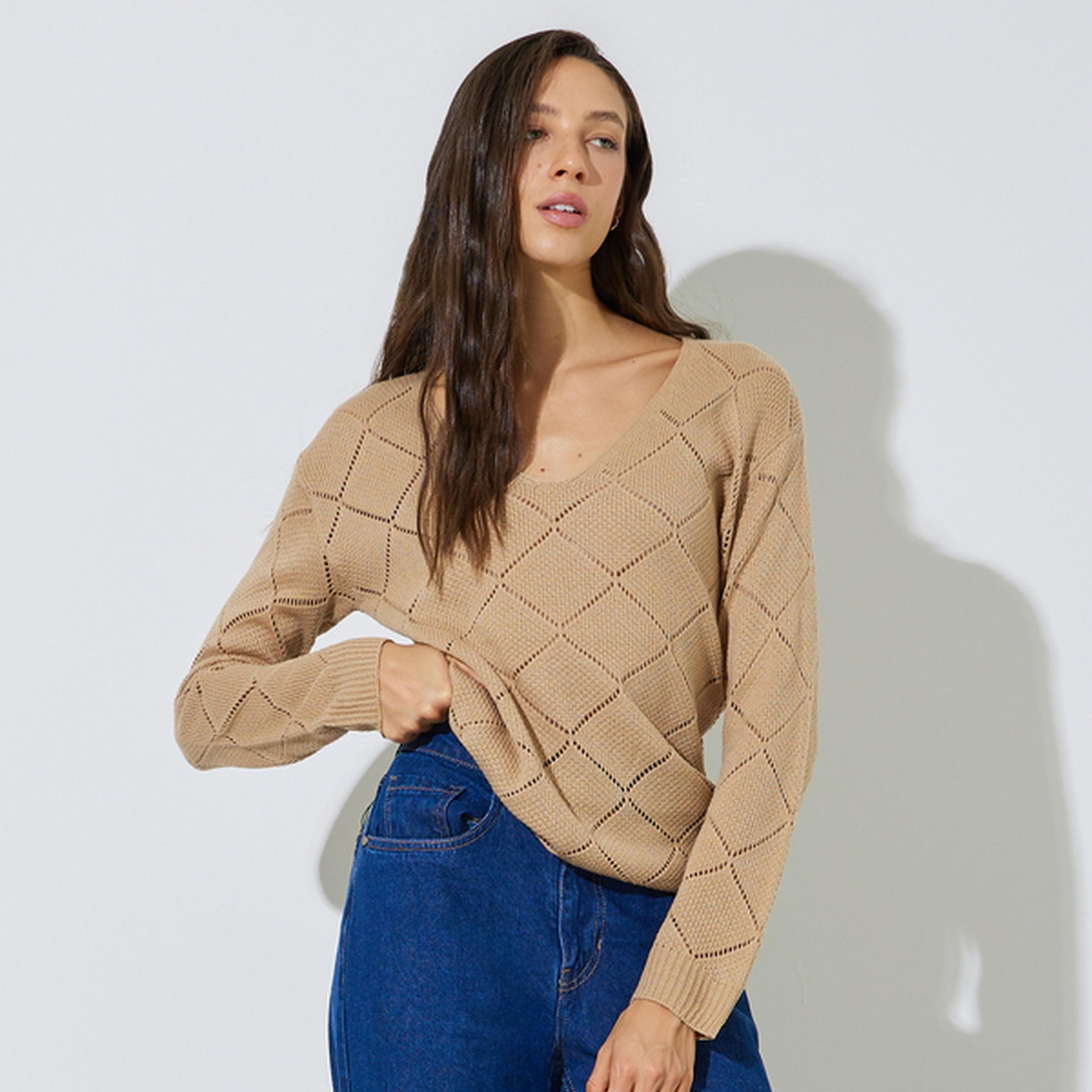 Styli Khaki Pointelle Diamond Pattern Knit Top-women-clothing-shirtsandblouses-blouses-image-1