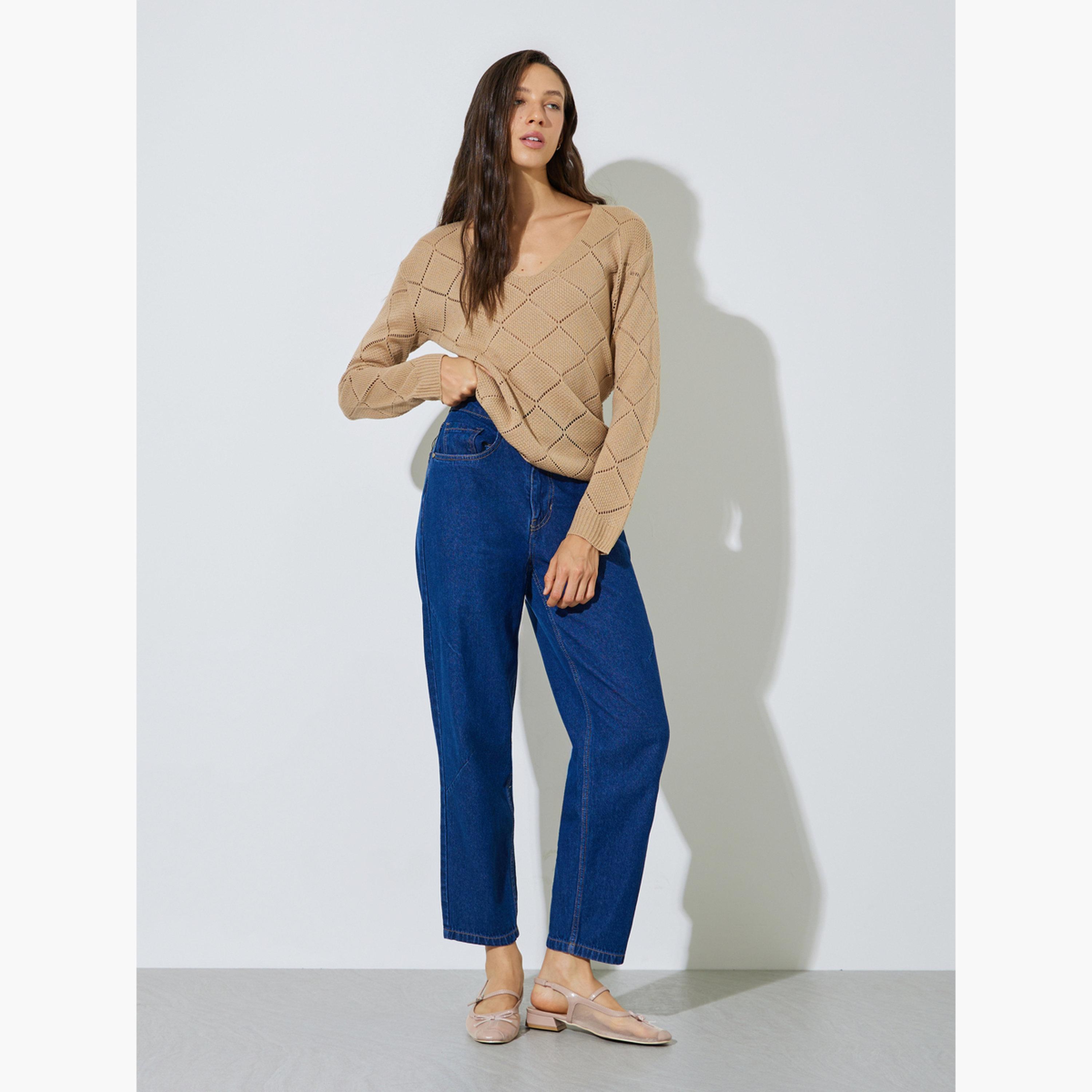 Styli Khaki Pointelle Diamond Pattern Knit Top-women-clothing-shirtsandblouses-blouses-image-2