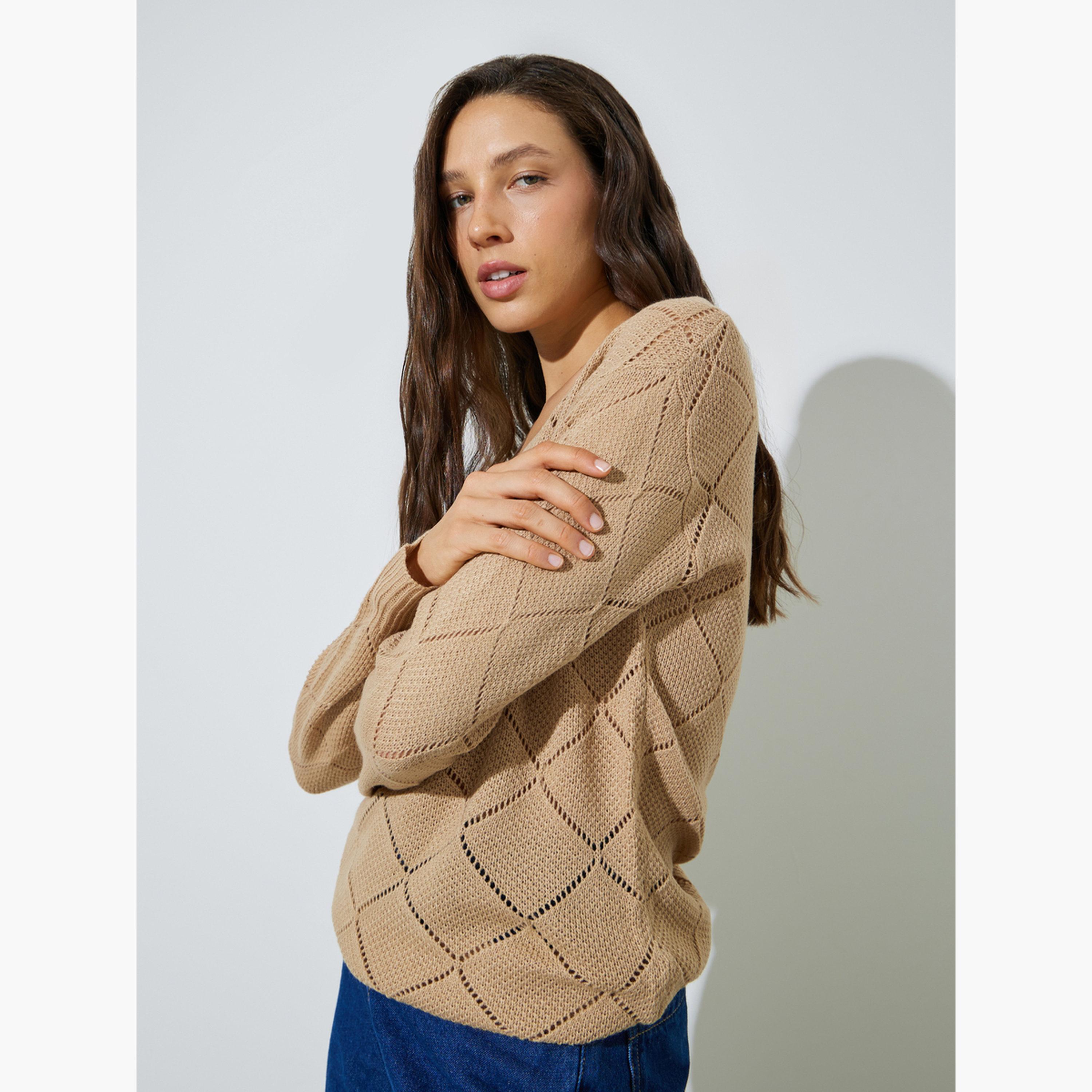 Styli Khaki Pointelle Diamond Pattern Knit Top-women-clothing-shirtsandblouses-blouses-image-3