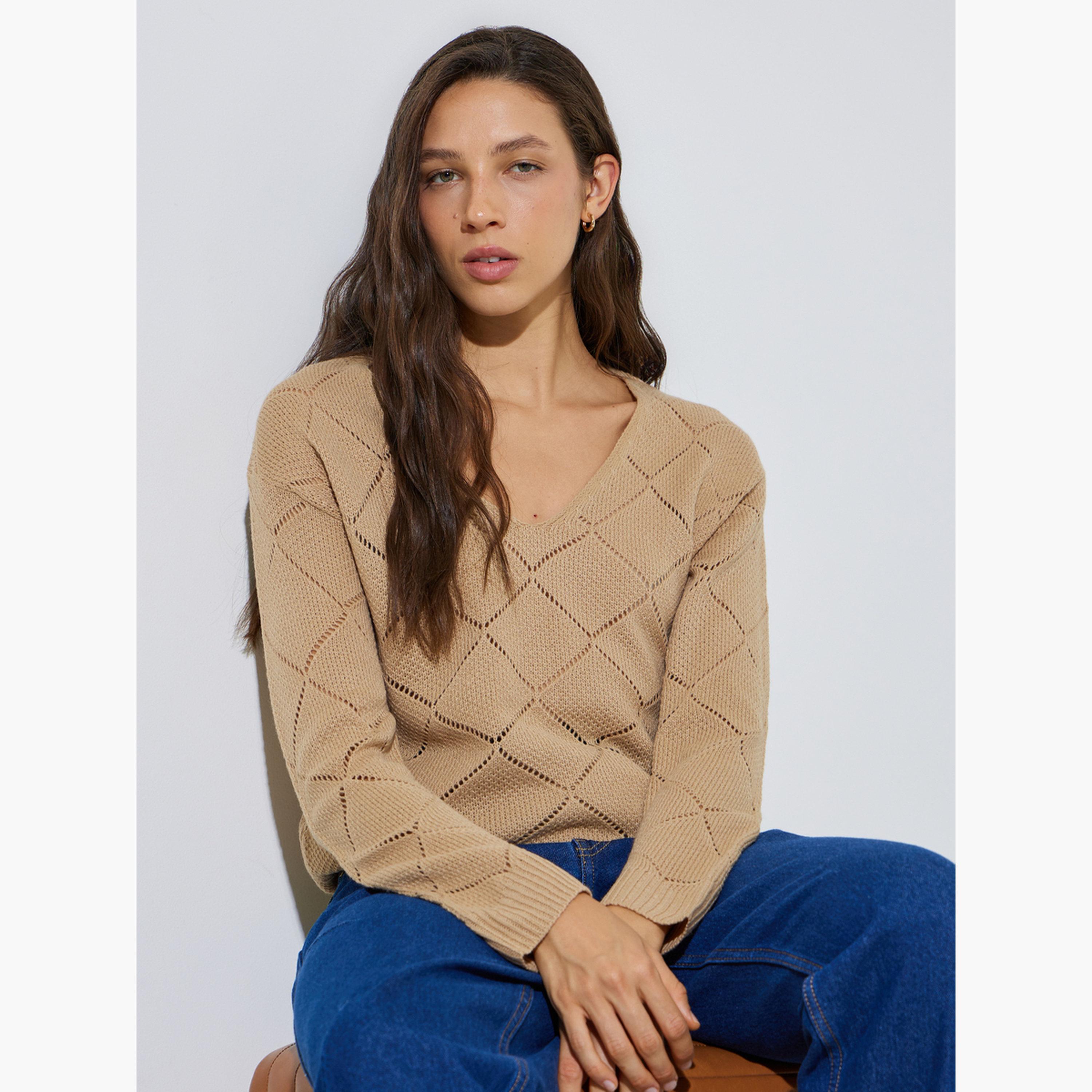 Styli Khaki Pointelle Diamond Pattern Knit Top-women-clothing-shirtsandblouses-blouses-image-4