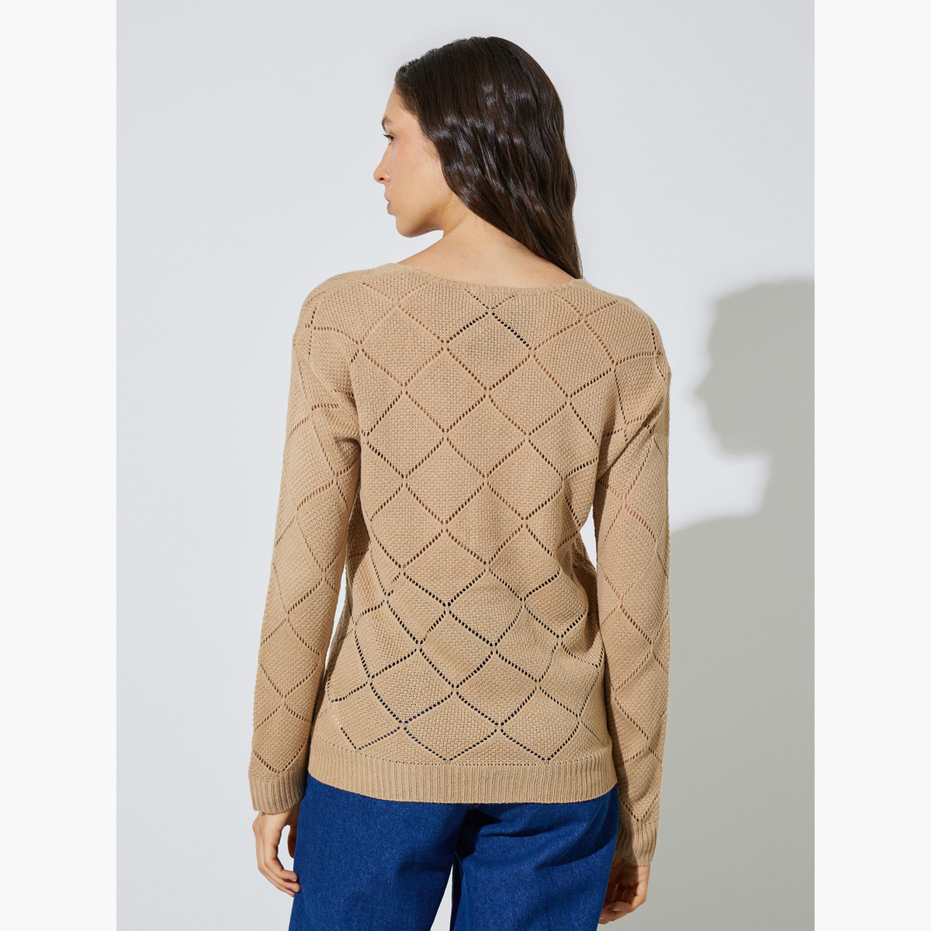 Styli Khaki Pointelle Diamond Pattern Knit Top-women-clothing-shirtsandblouses-blouses-image-5