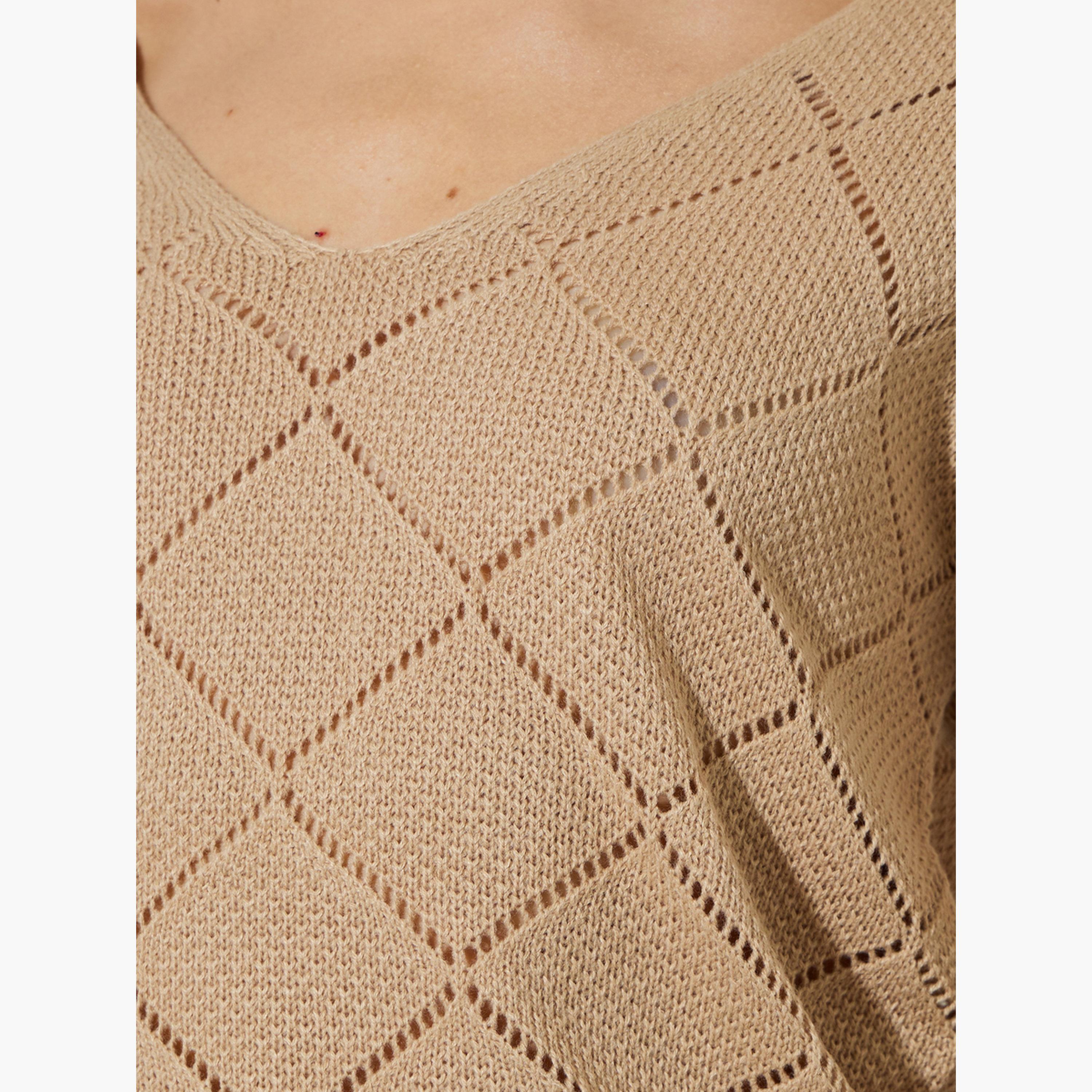 Styli Khaki Pointelle Diamond Pattern Knit Top-women-clothing-shirtsandblouses-blouses-image-6