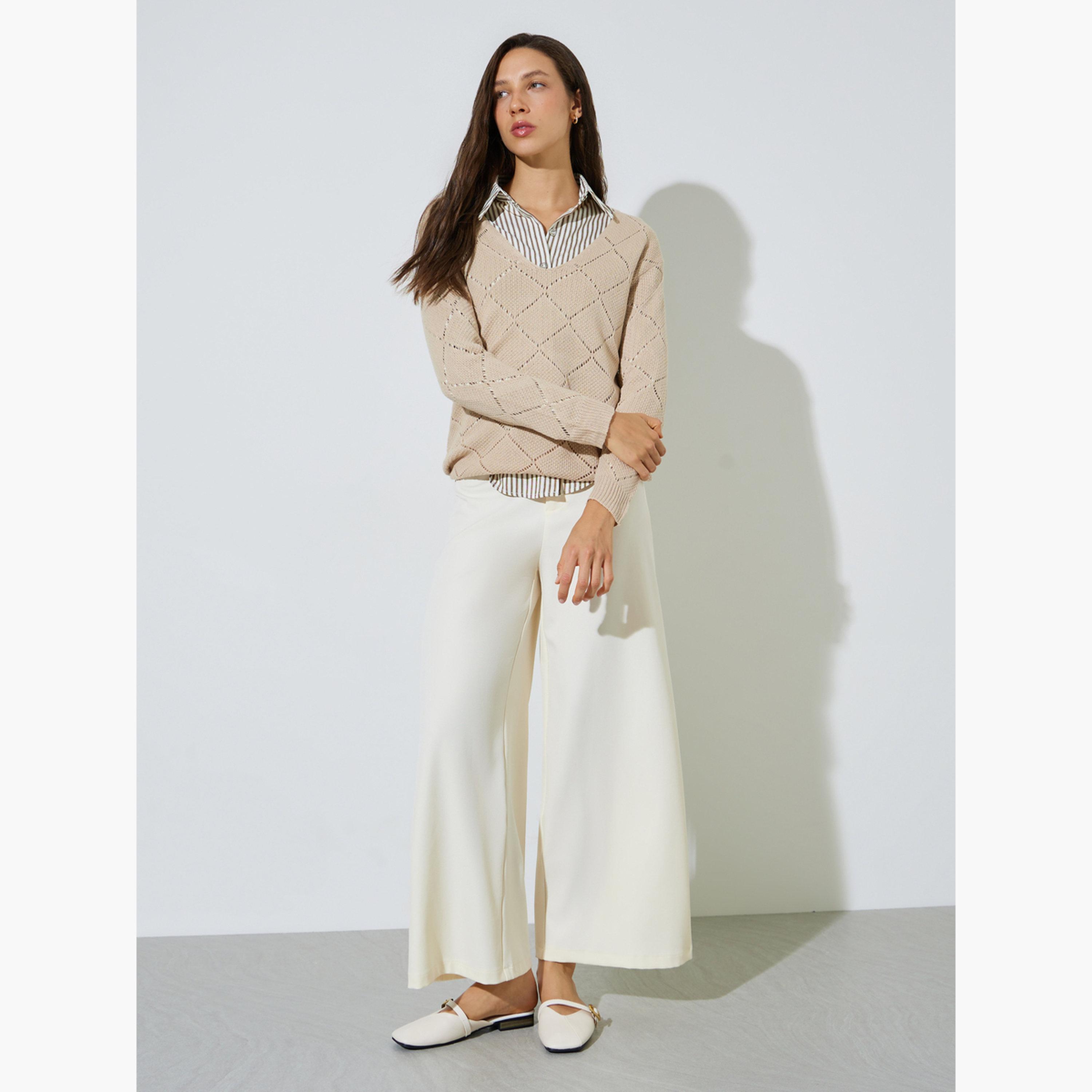 Styli Beige Pointelle Diamond Pattern Knit Top-women-clothing-shirtsandblouses-blouses-image-2
