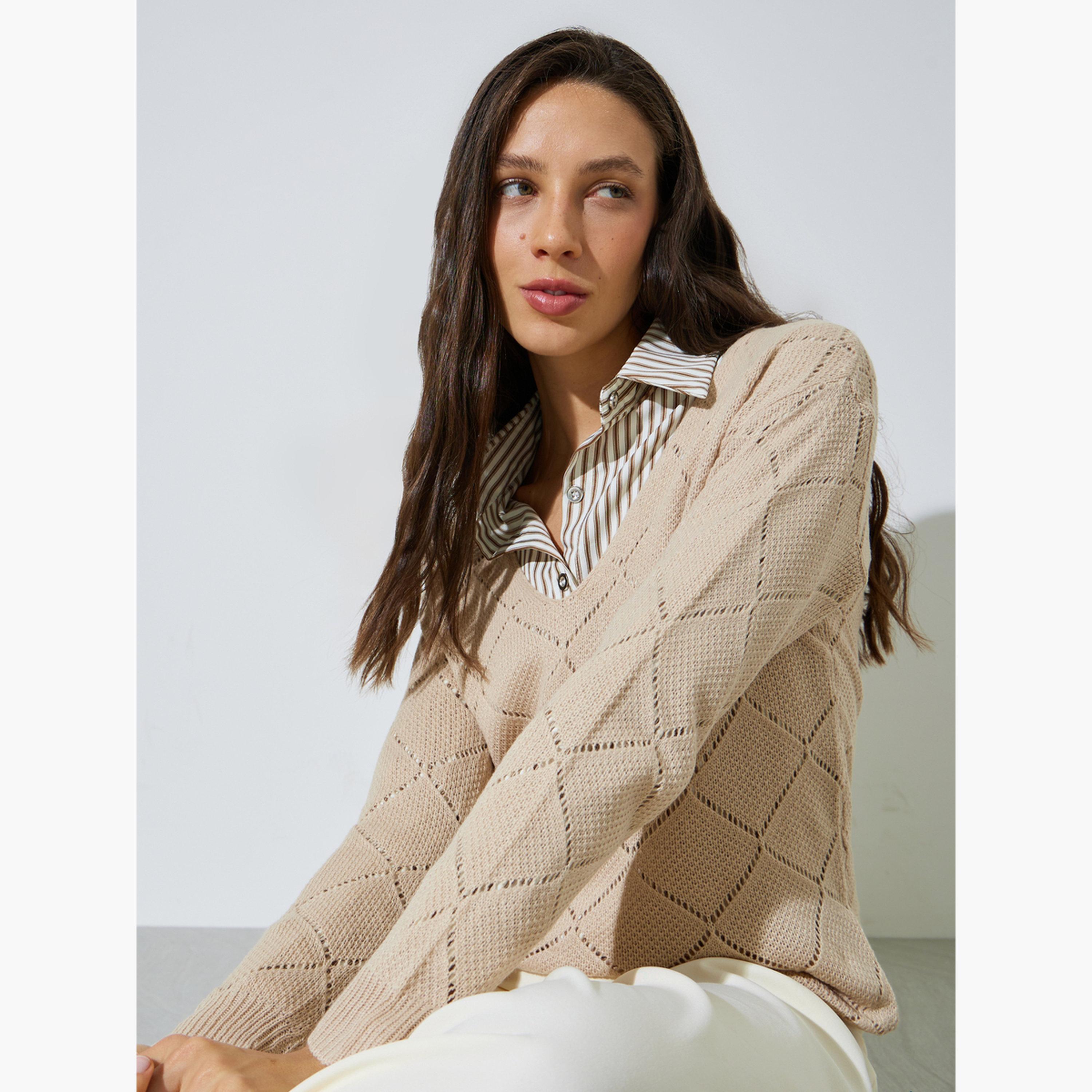 Styli Beige Pointelle Diamond Pattern Knit Top-women-clothing-shirtsandblouses-blouses-image-3