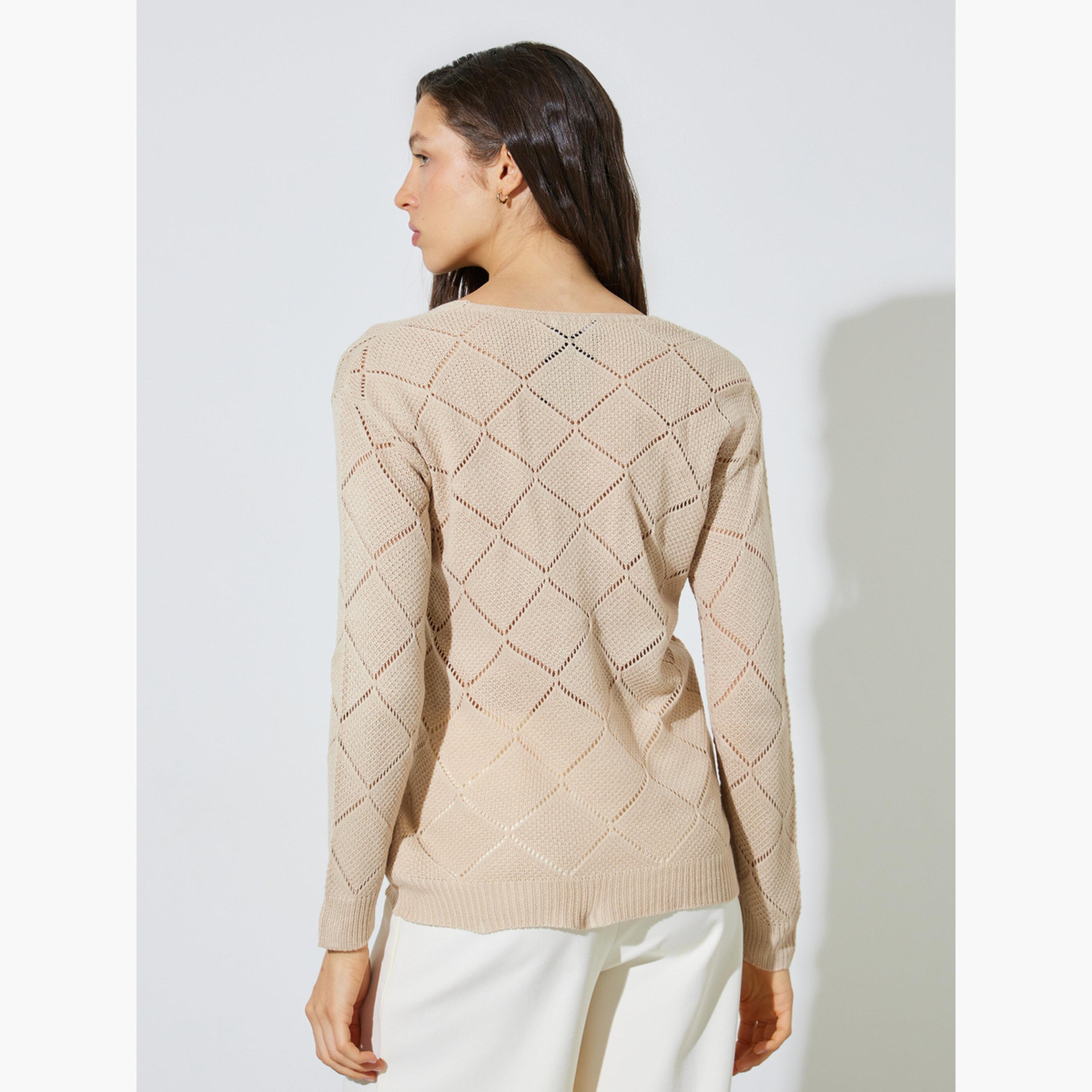 Styli Beige Pointelle Diamond Pattern Knit Top-women-clothing-shirtsandblouses-blouses-image-4