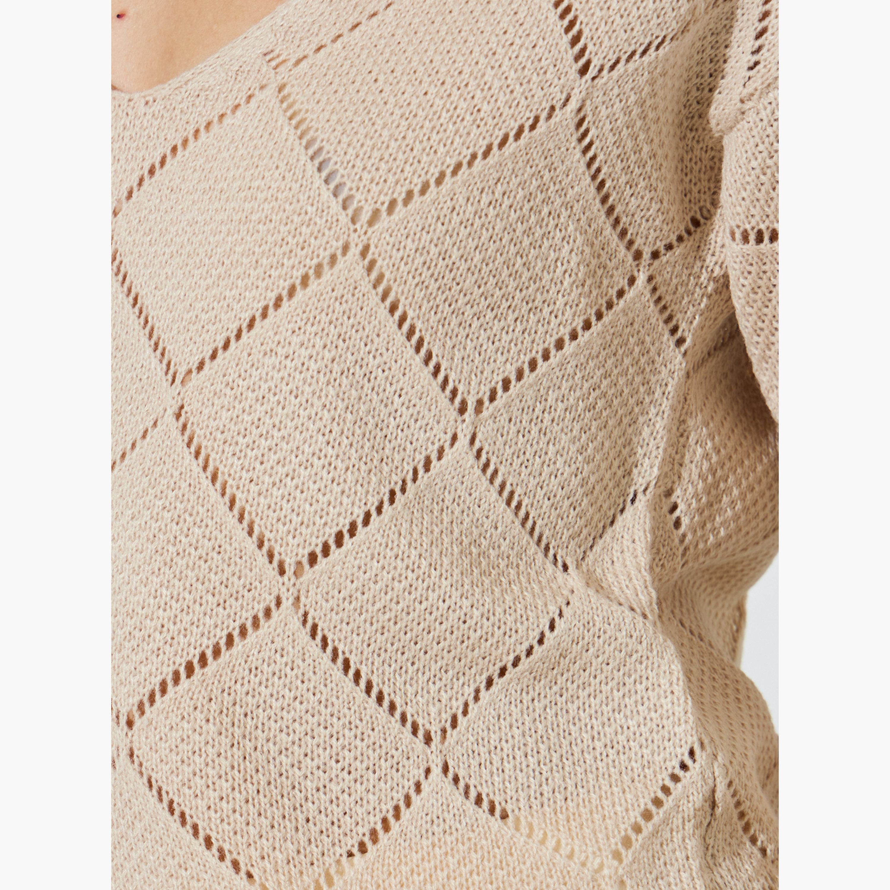 Styli Beige Pointelle Diamond Pattern Knit Top-women-clothing-shirtsandblouses-blouses-image-5