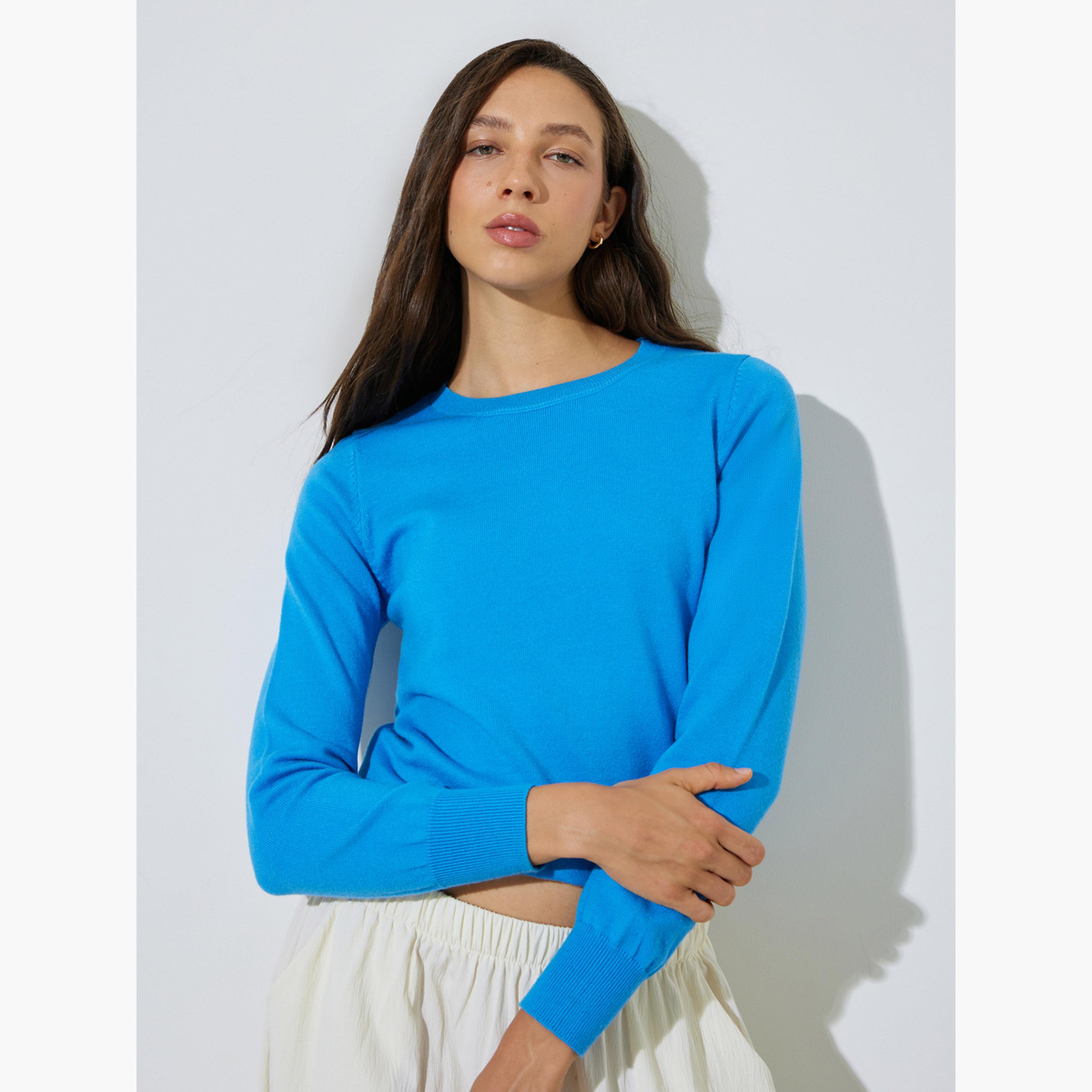 Styli Blue Crew Neck Long Sleeves Jumper-women-winterwear-cardigansandjumpers-jumpers-image-1