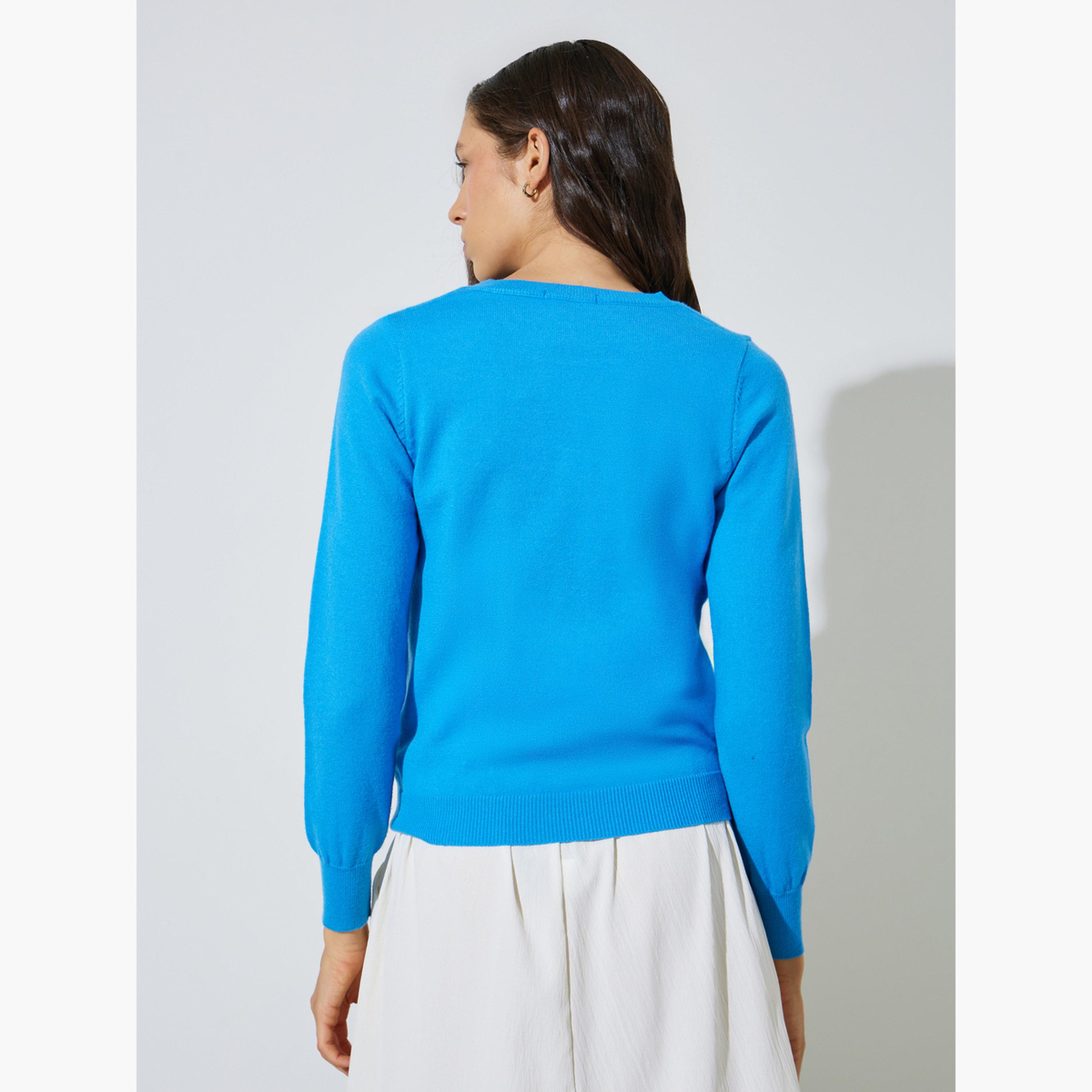 Styli Blue Crew Neck Long Sleeves Jumper-women-winterwear-cardigansandjumpers-jumpers-image-3