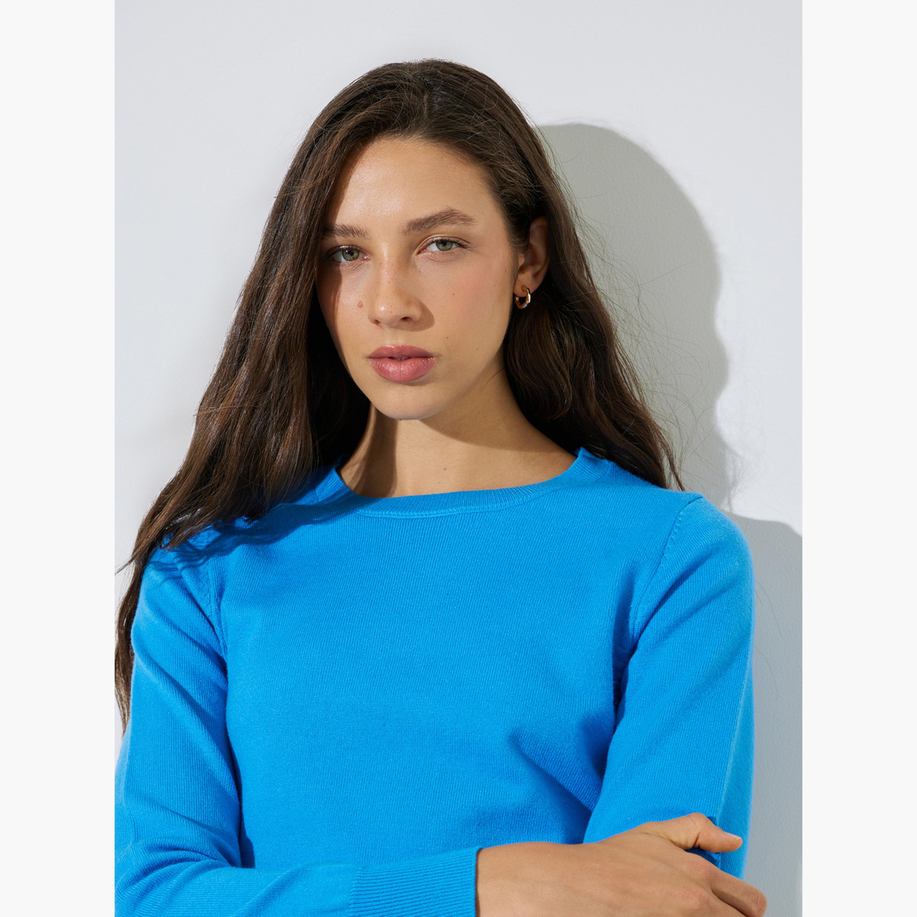 Styli Blue Crew Neck Long Sleeves Jumper-women-winterwear-cardigansandjumpers-jumpers-image-4