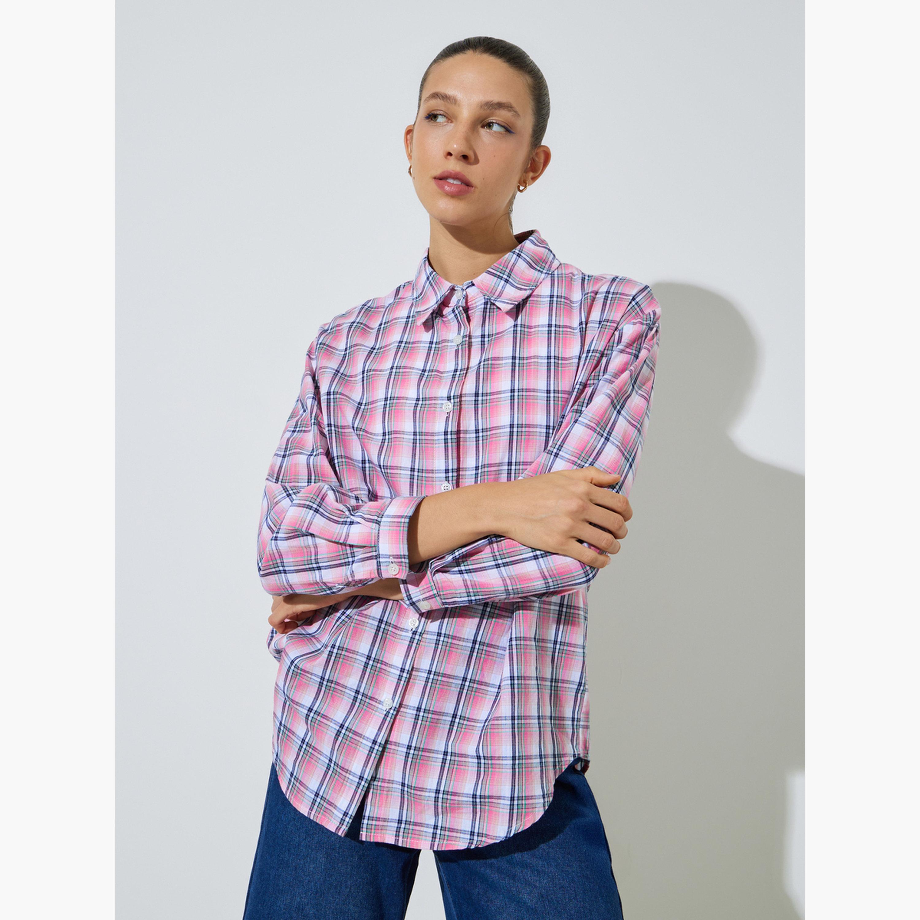 قميص واسع بأكمام طويلة ونمط مربعات-women-clothing-shirtsandblouses-shirts-image-1