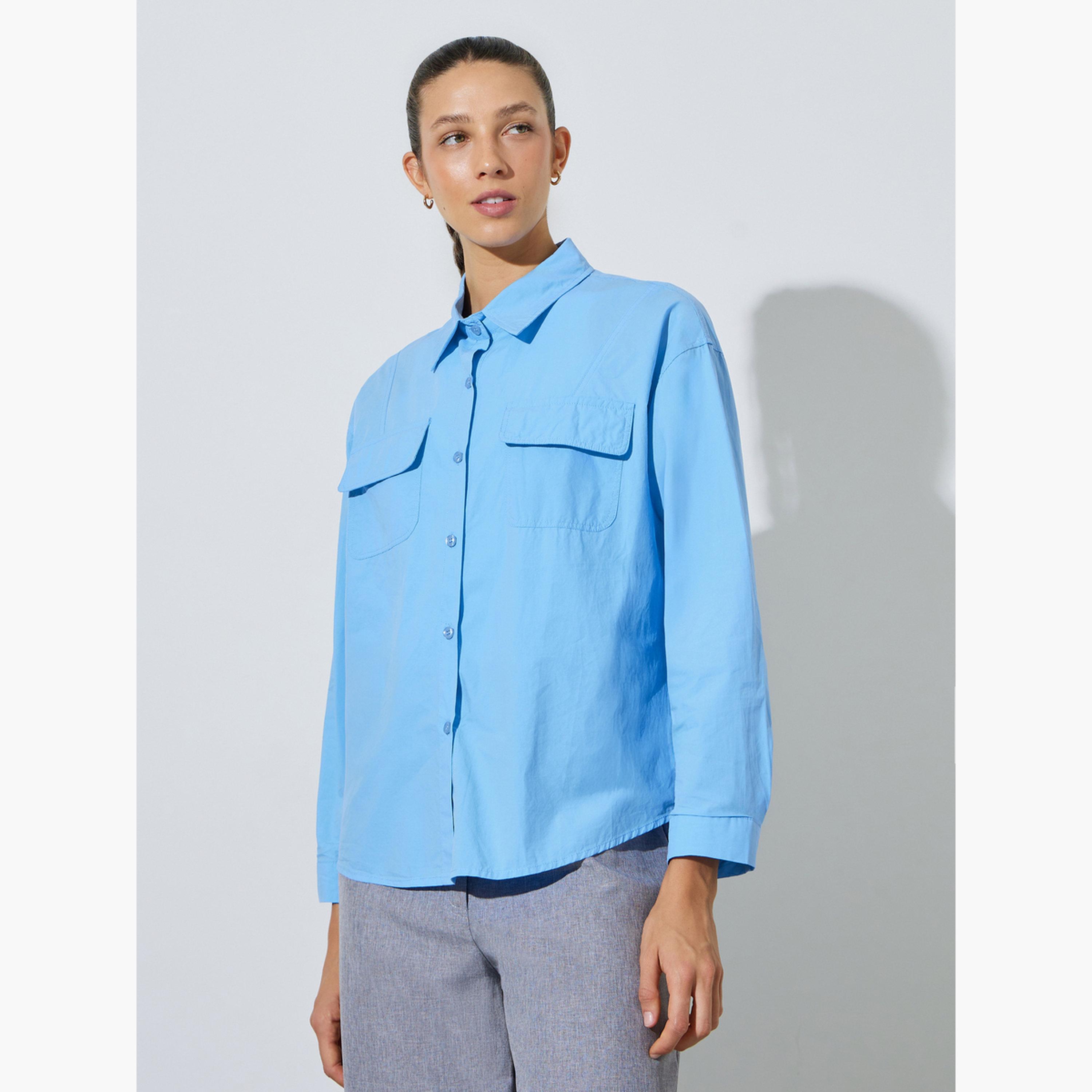 قميص واسع بأكمام طويلة وجيوب بلون سادة لون أزرق-women-clothing-shirtsandblouses-shirts-image-1
