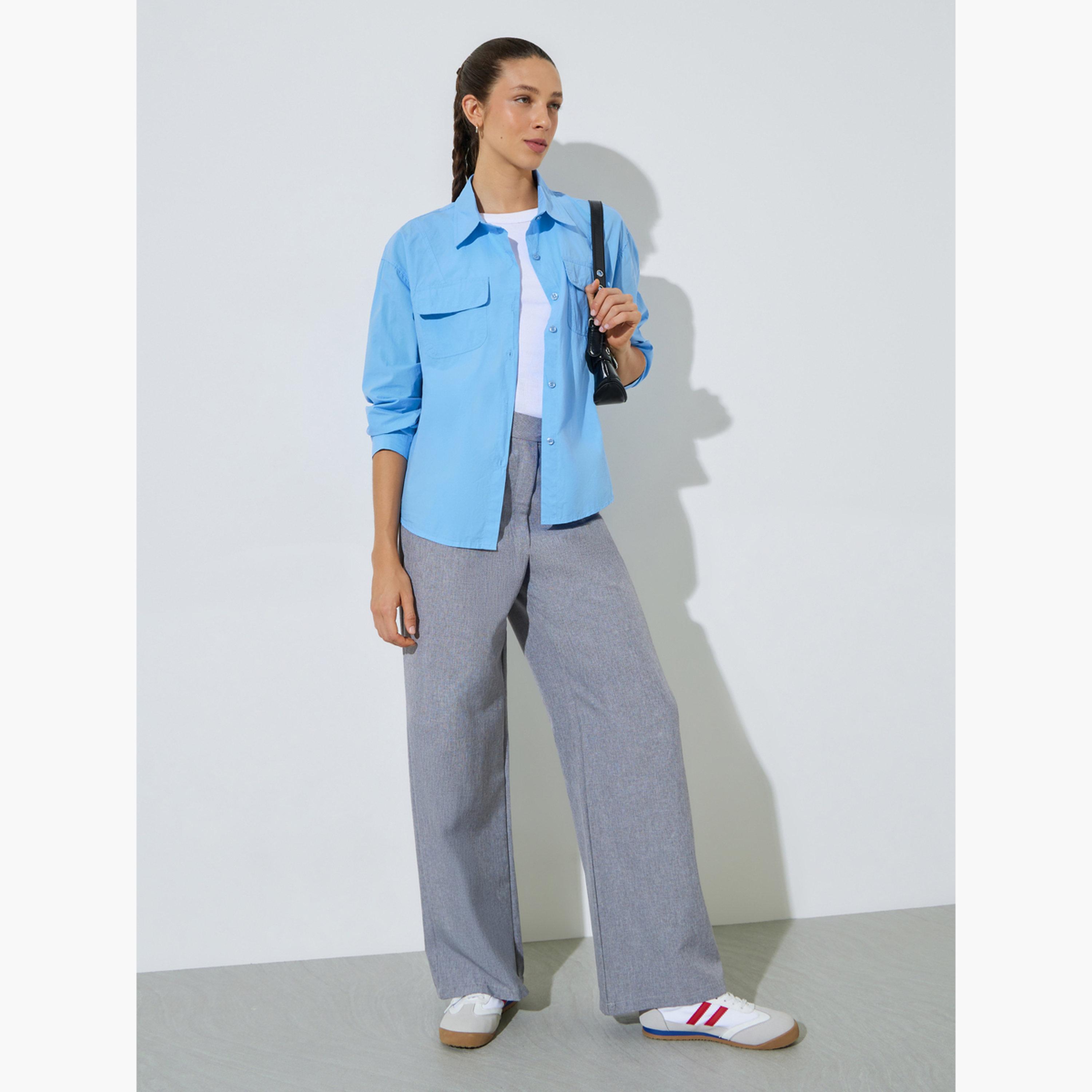 قميص واسع بأكمام طويلة وجيوب بلون سادة لون أزرق-women-clothing-shirtsandblouses-shirts-image-2