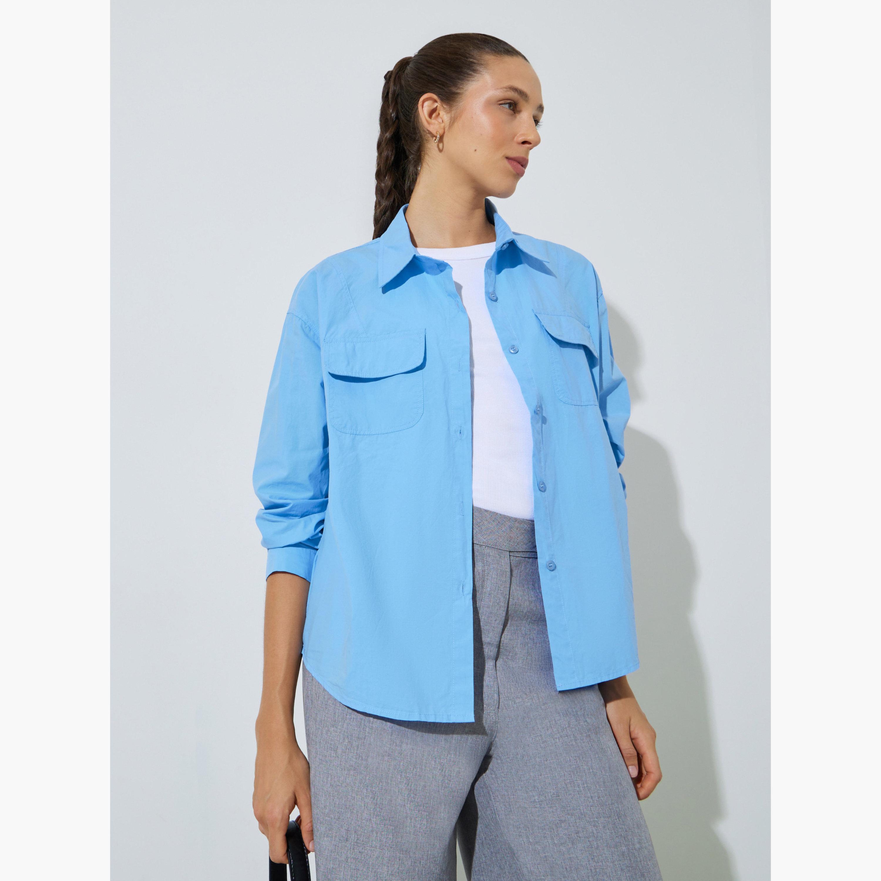 قميص واسع بأكمام طويلة وجيوب بلون سادة لون أزرق-women-clothing-shirtsandblouses-shirts-image-3