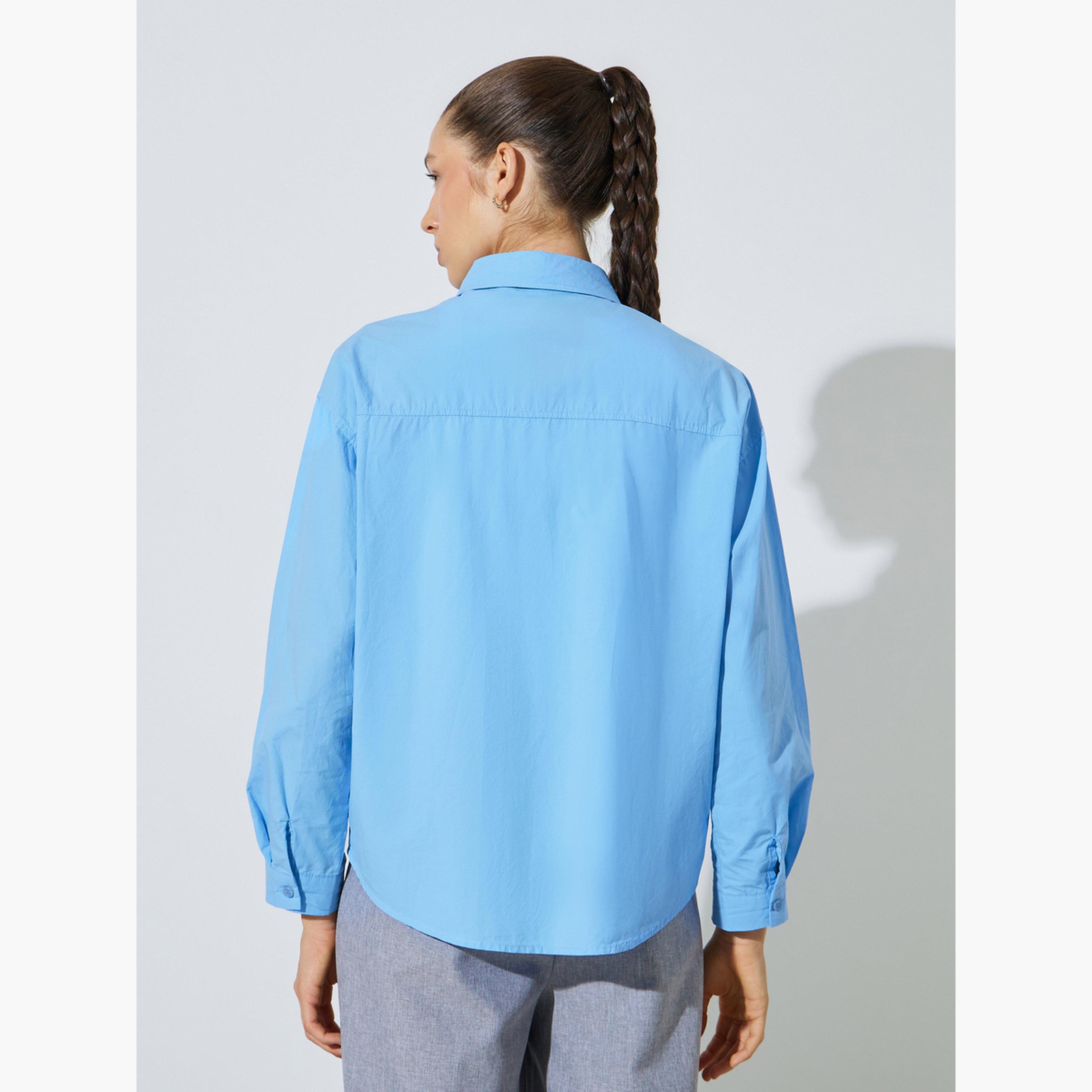 قميص واسع بأكمام طويلة وجيوب بلون سادة لون أزرق-women-clothing-shirtsandblouses-shirts-image-5