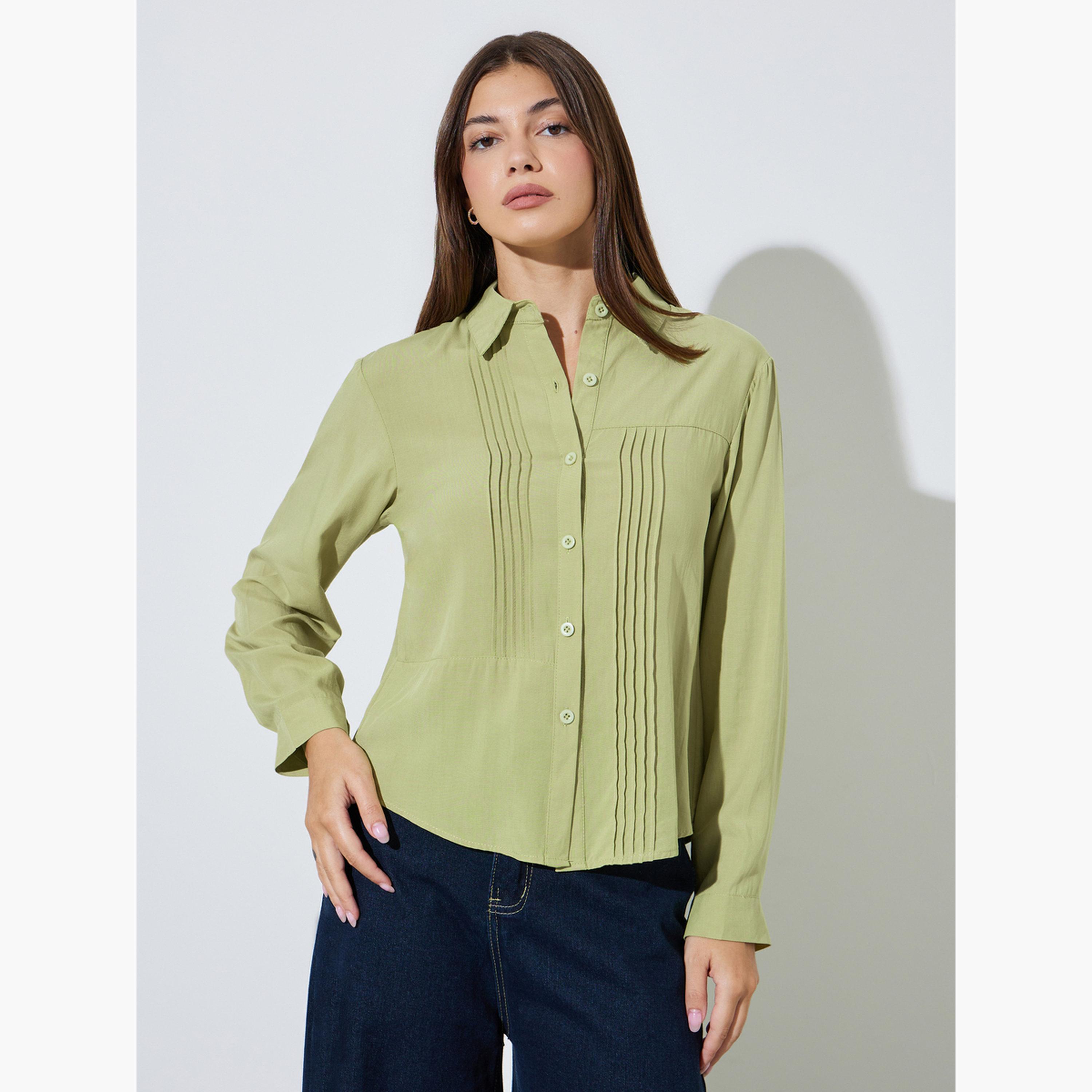 ستايلي - قميص أخضر بتفاصيل ثنيات دقيقة وقصة عادية-women-clothing-shirtsandblouses-shirts-image-1
