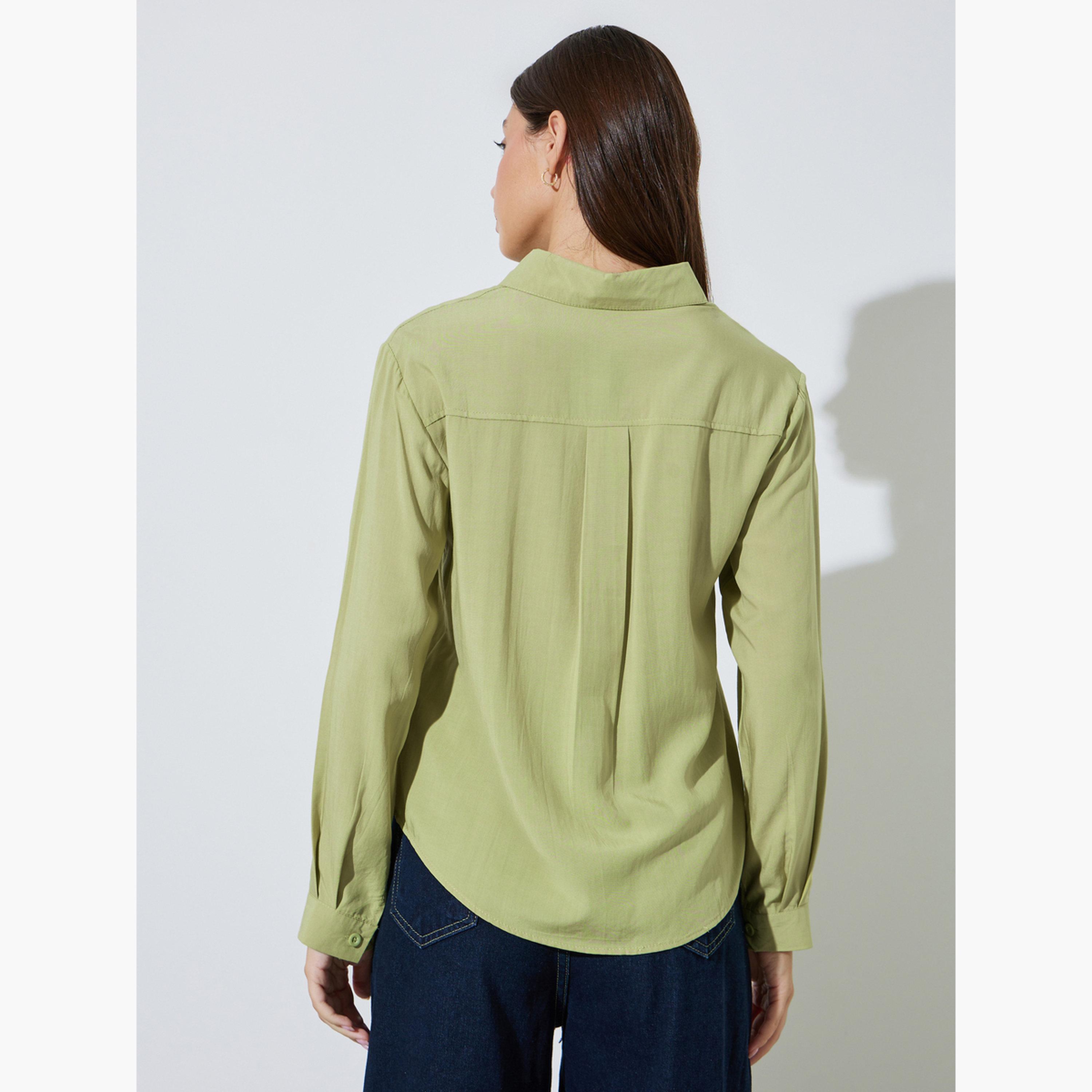 ستايلي - قميص أخضر بتفاصيل ثنيات دقيقة وقصة عادية-women-clothing-shirtsandblouses-shirts-image-4