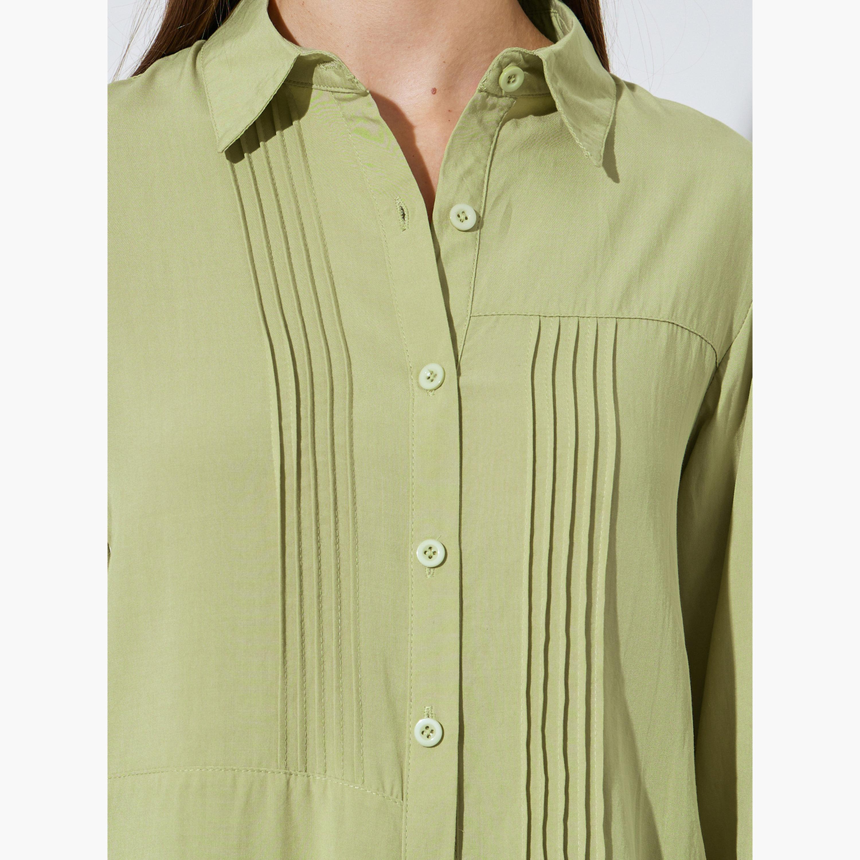 ستايلي - قميص أخضر بتفاصيل ثنيات دقيقة وقصة عادية-women-clothing-shirtsandblouses-shirts-image-5