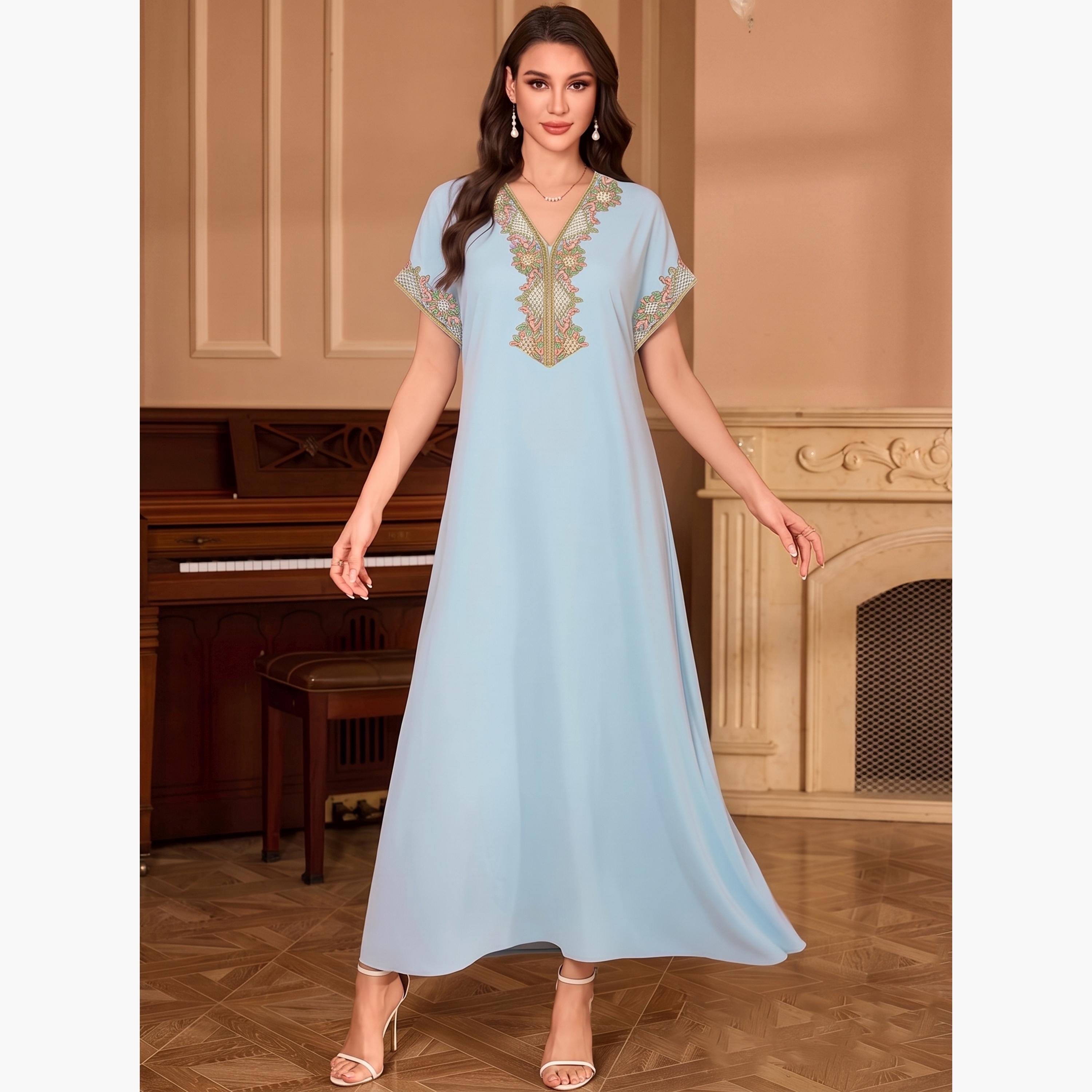 Take Two Light Blue Printed V Neck Jalabiya-women-arabicclothing-dresses-image-1