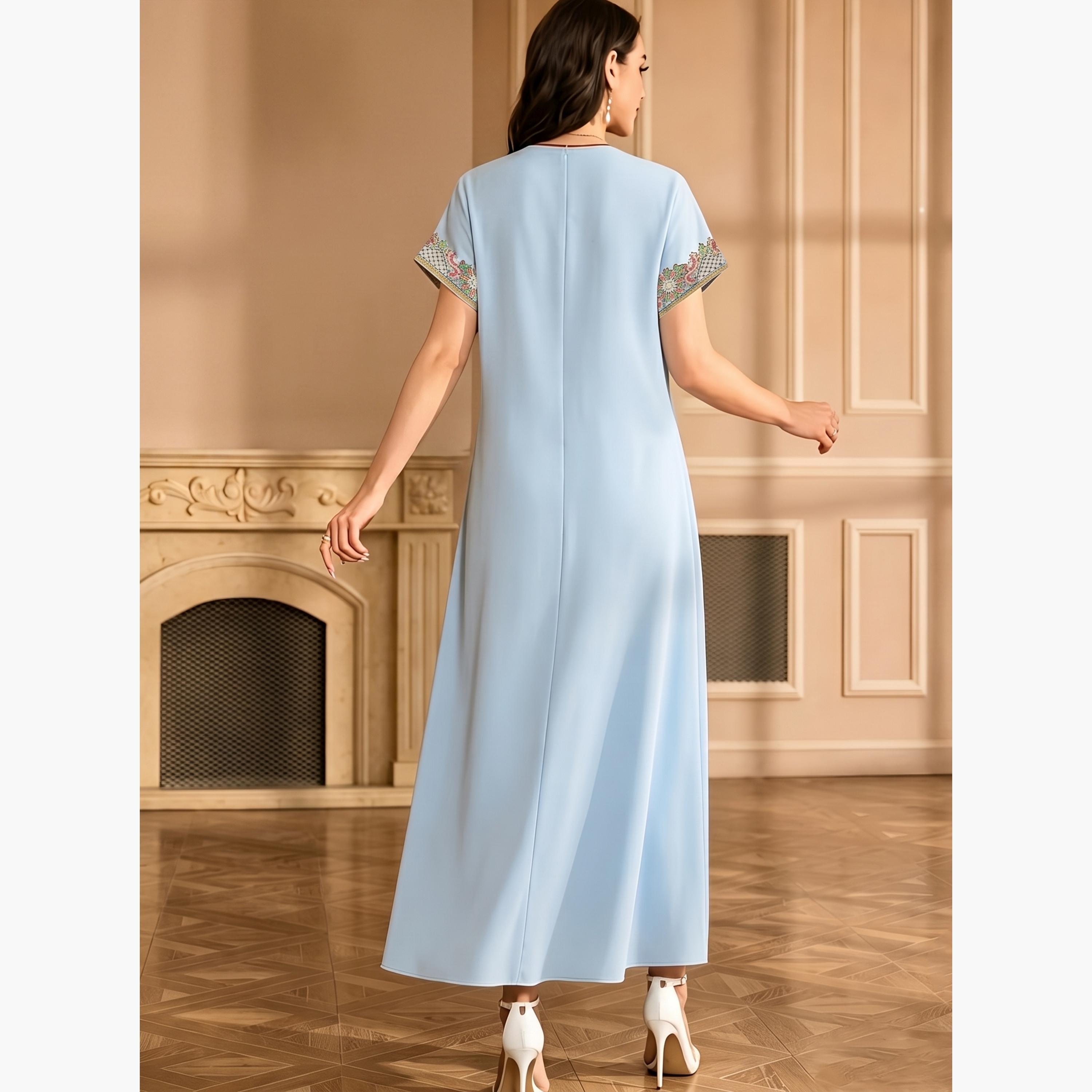 Take Two Light Blue Printed V Neck Jalabiya-women-arabicclothing-dresses-image-2