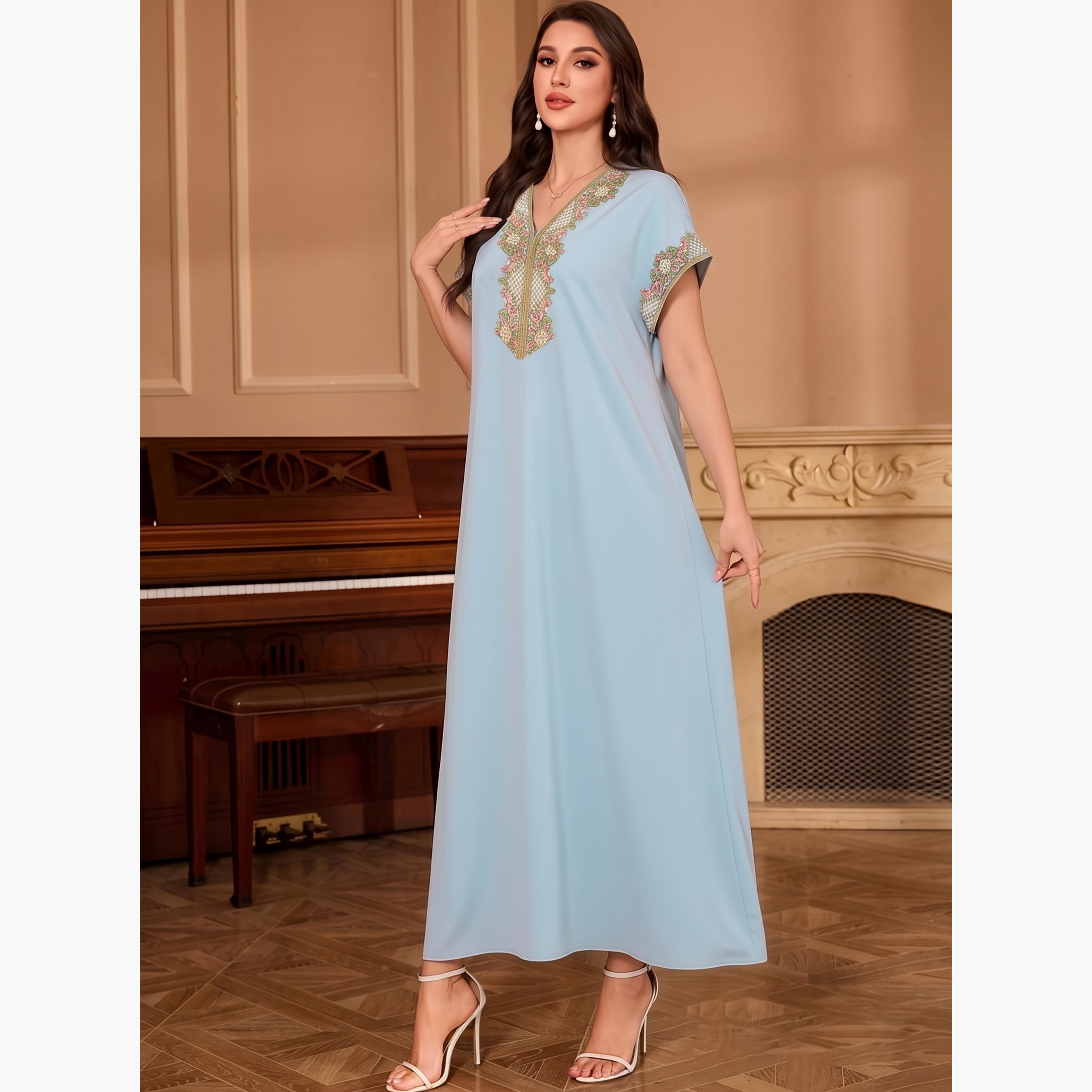 Take Two Light Blue Printed V Neck Jalabiya-women-arabicclothing-dresses-image-3