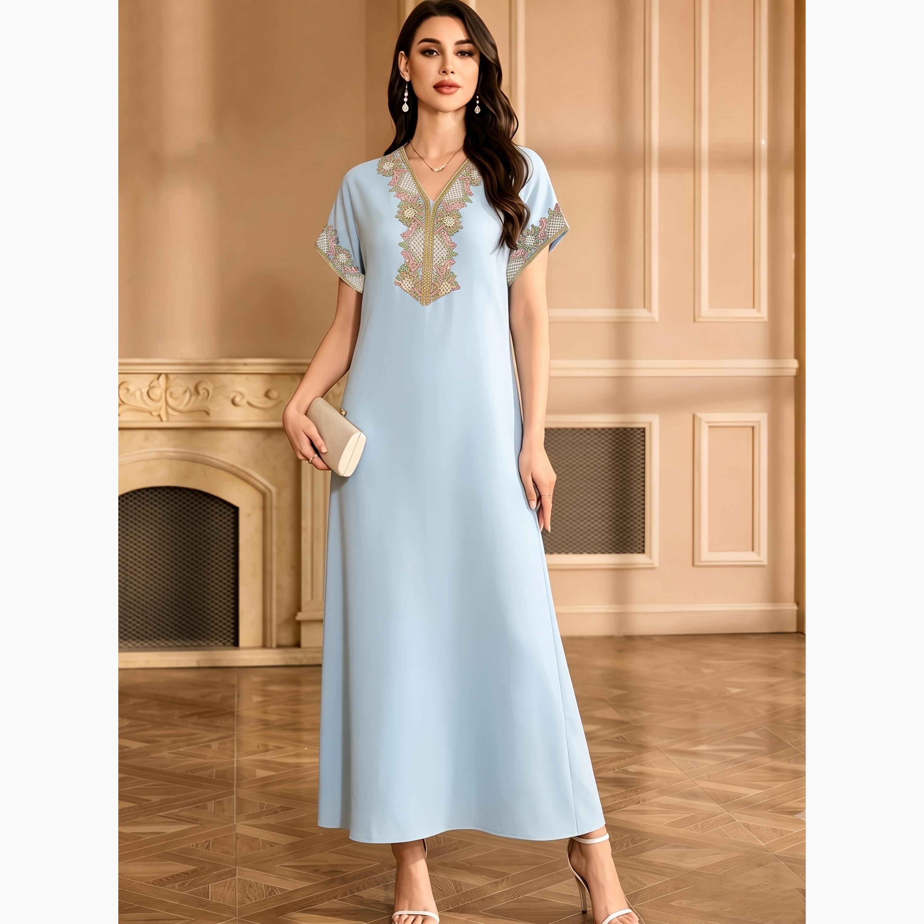 Take Two Light Blue Printed V Neck Jalabiya-women-arabicclothing-dresses-image-4