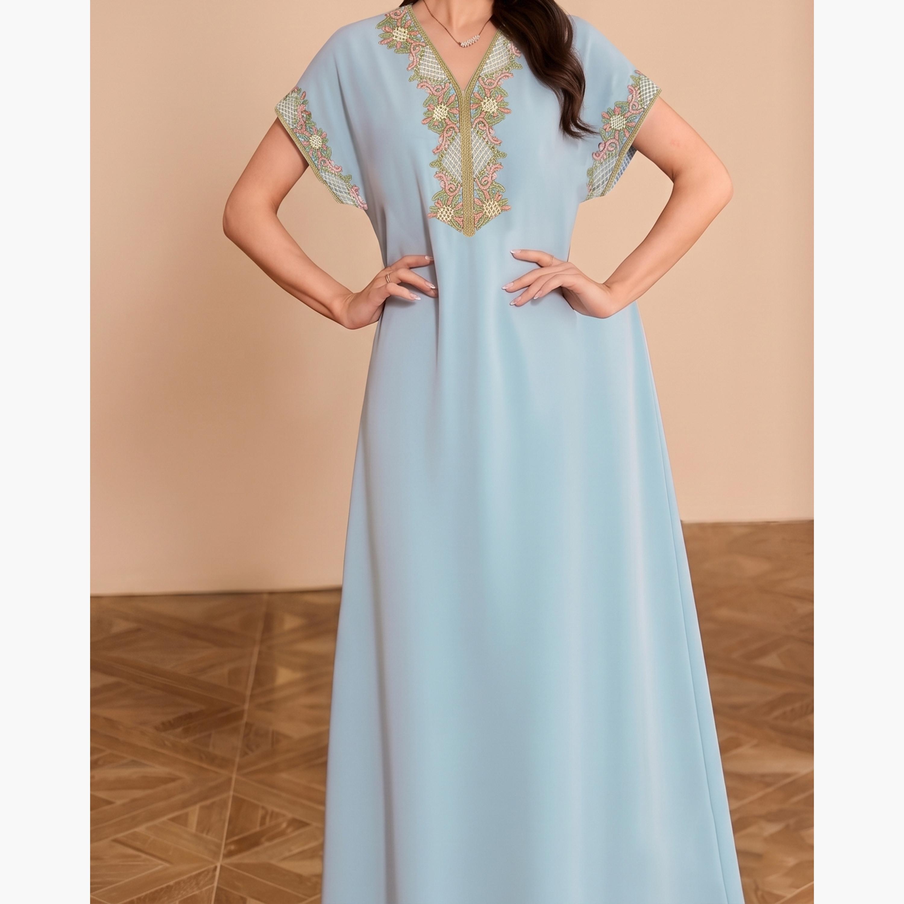 Take Two Light Blue Printed V Neck Jalabiya-women-arabicclothing-dresses-image-5